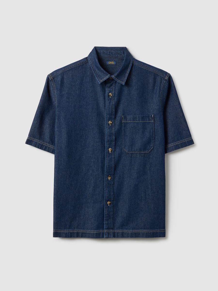 Blue denim pure cotton regular fit shirt with chest pocket_4