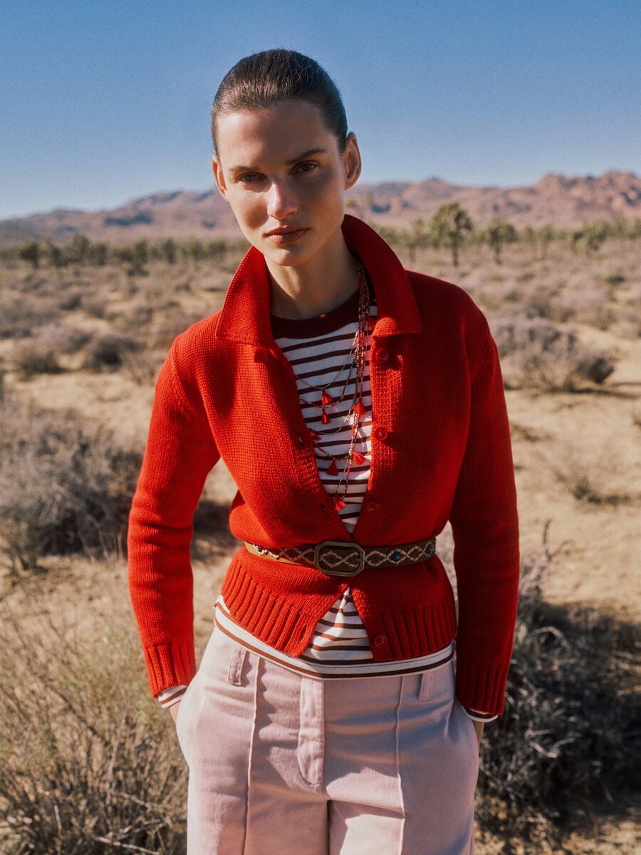 Regular Fit Red Cotton Cardigan with Polo Collar_0