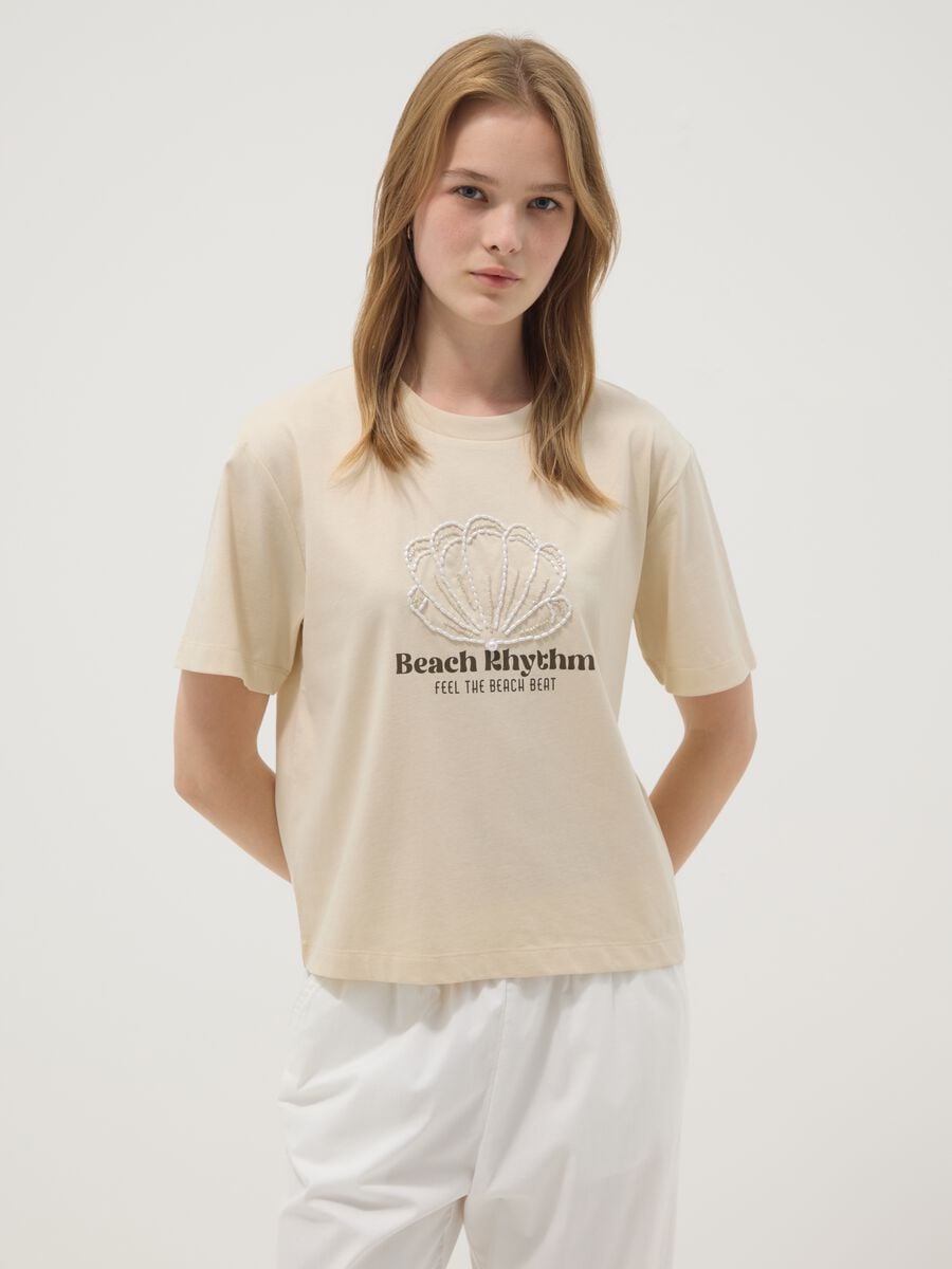Beige short-sleeved pure cotton T-shirt with embroidery_1