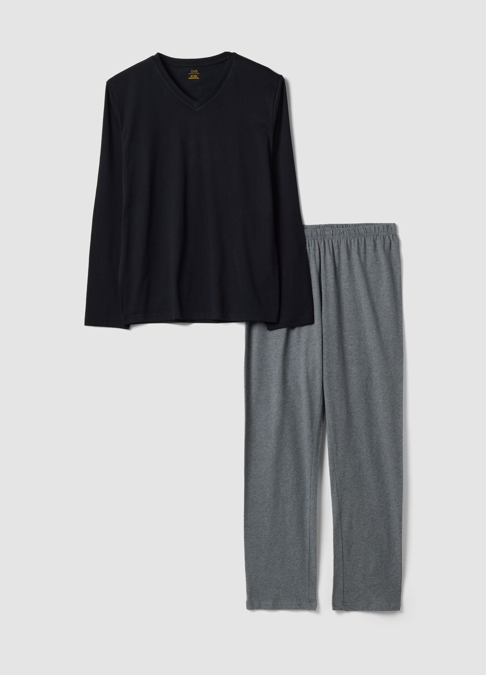 Black and grey pure organic cotton V-neck regular-fit pyjamas