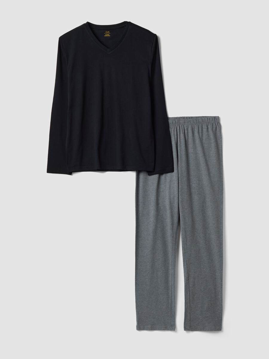 Schwarzer und grauer Pyjama aus reiner Bio-Baumwolle mit V-Ausschnitt, Regular Fit_4