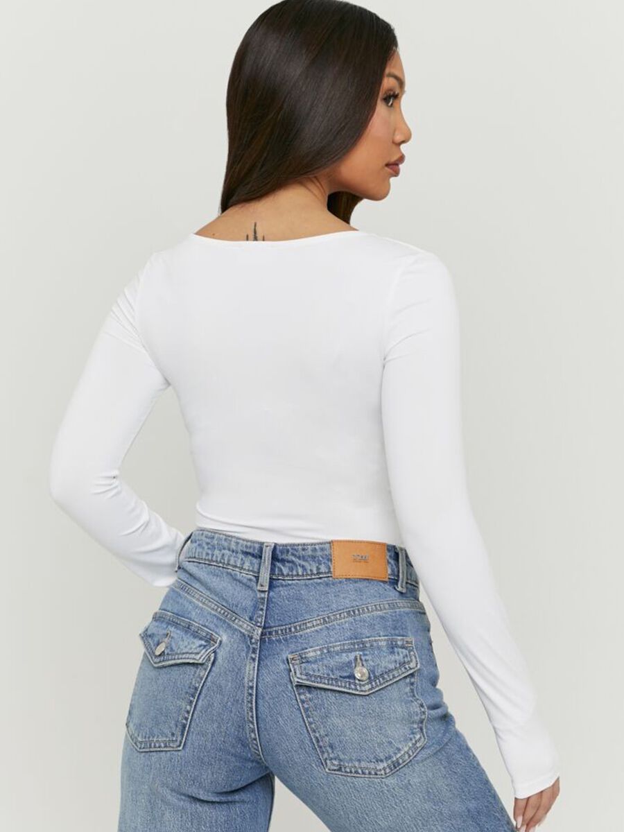 Weisses Longsleeve mit tiefem V-Ausschnitt aus reiner Baumwolle, Regular Fit_2