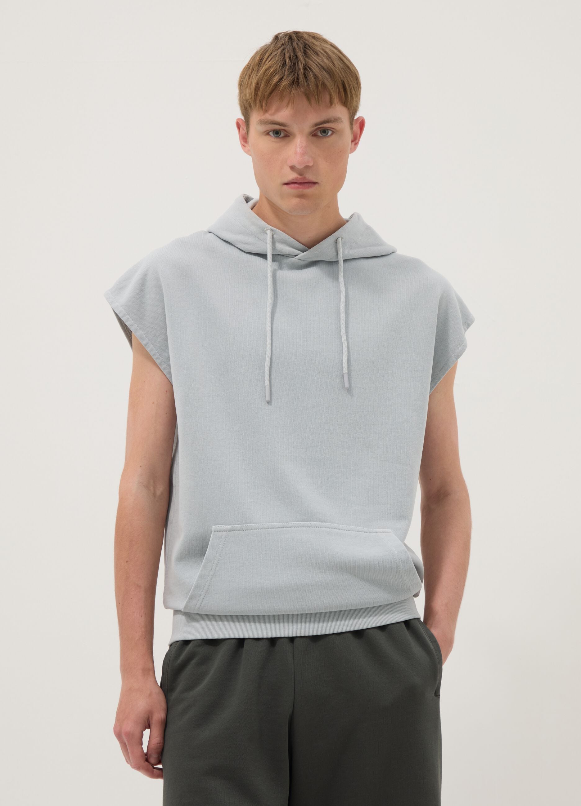 Grey cotton blend sleeveless hoodie regular fit