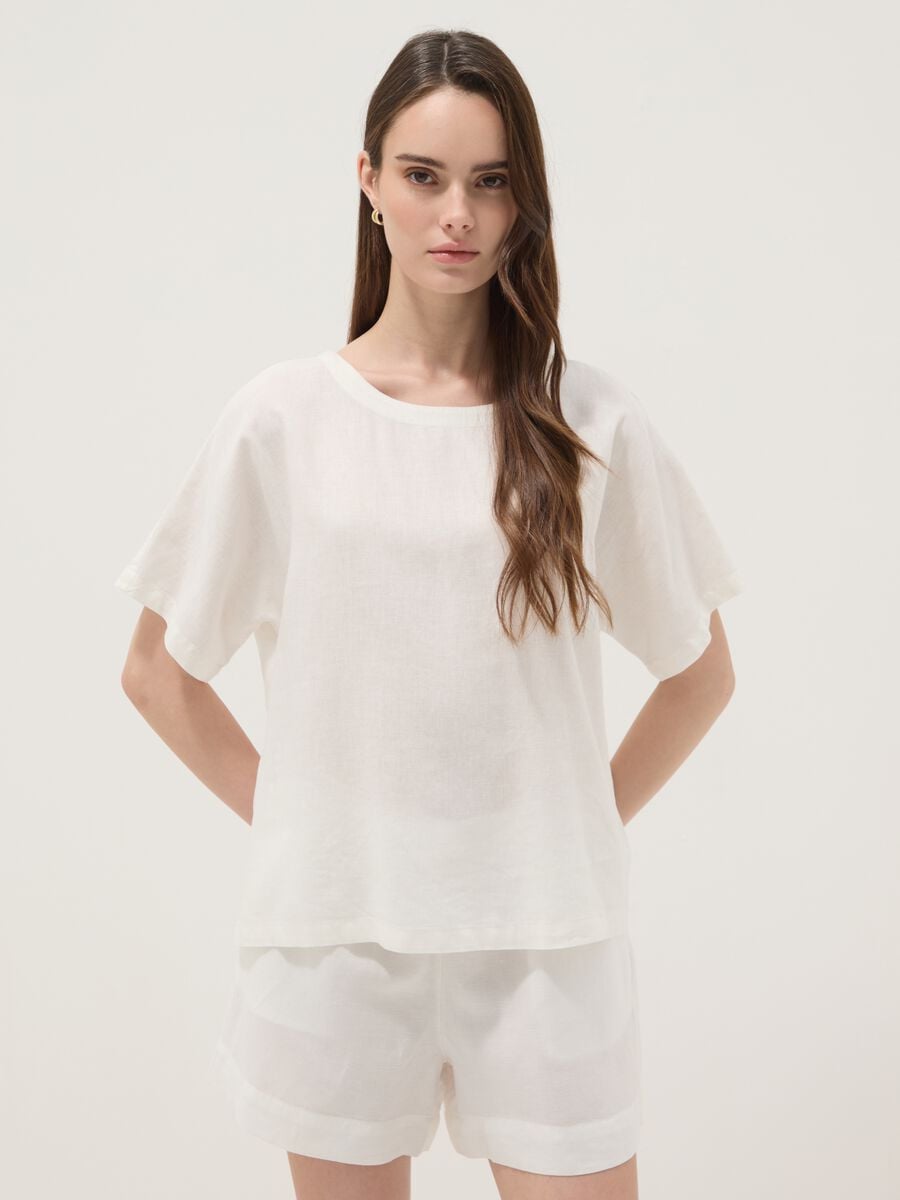 White linen and viscose blend blouse, regular fit_0