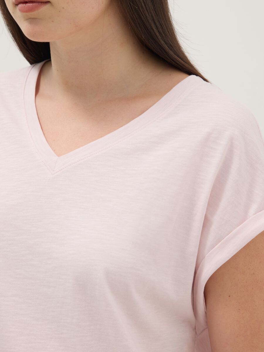 Pink short sleeve pure cotton V-neck regular fit t-shirt_3