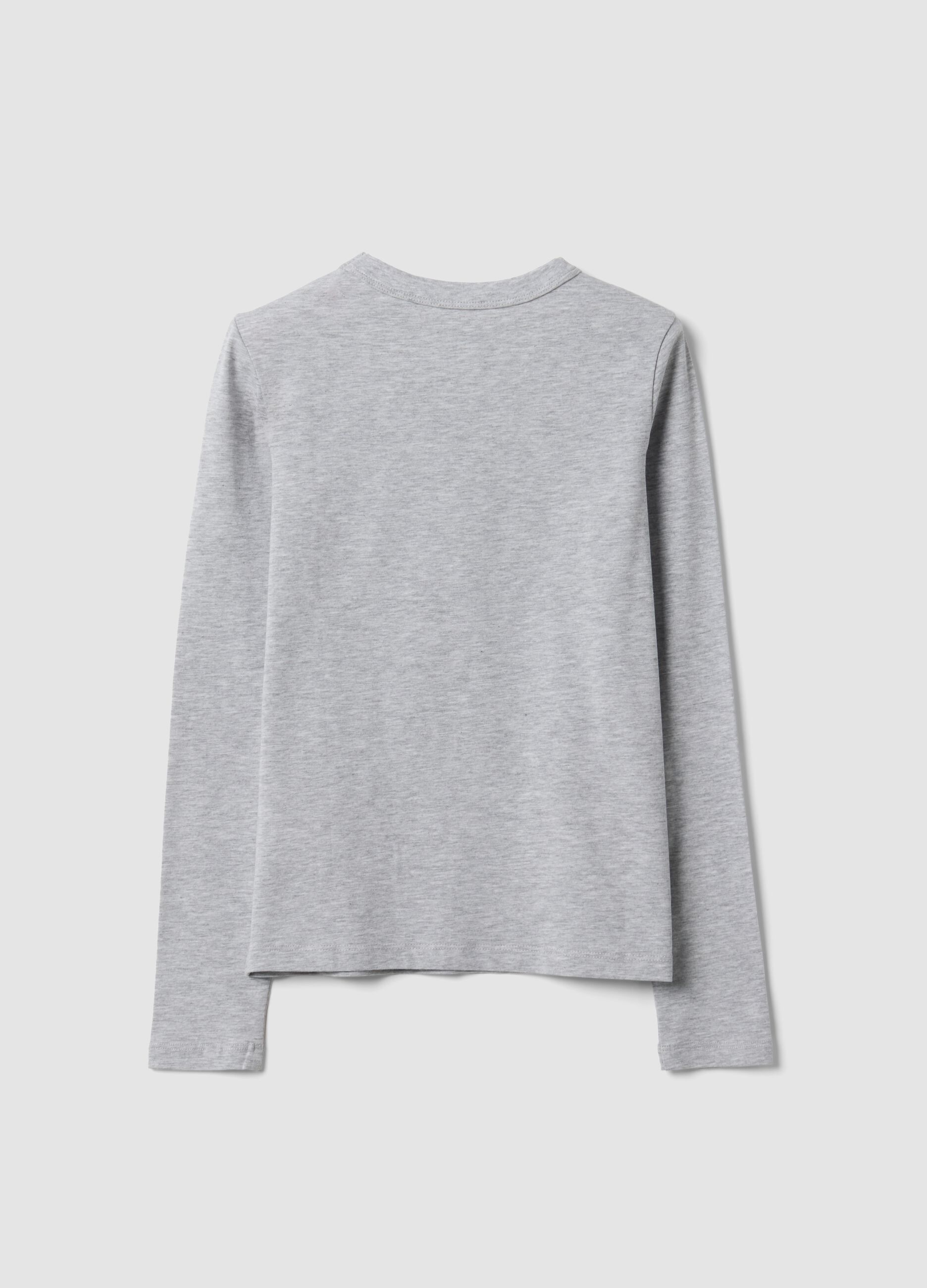 Graues T-Shirt aus Bio-Baumwolle und elastischer Viskose mit Rippkragen f&uuml;r M&auml;dchen