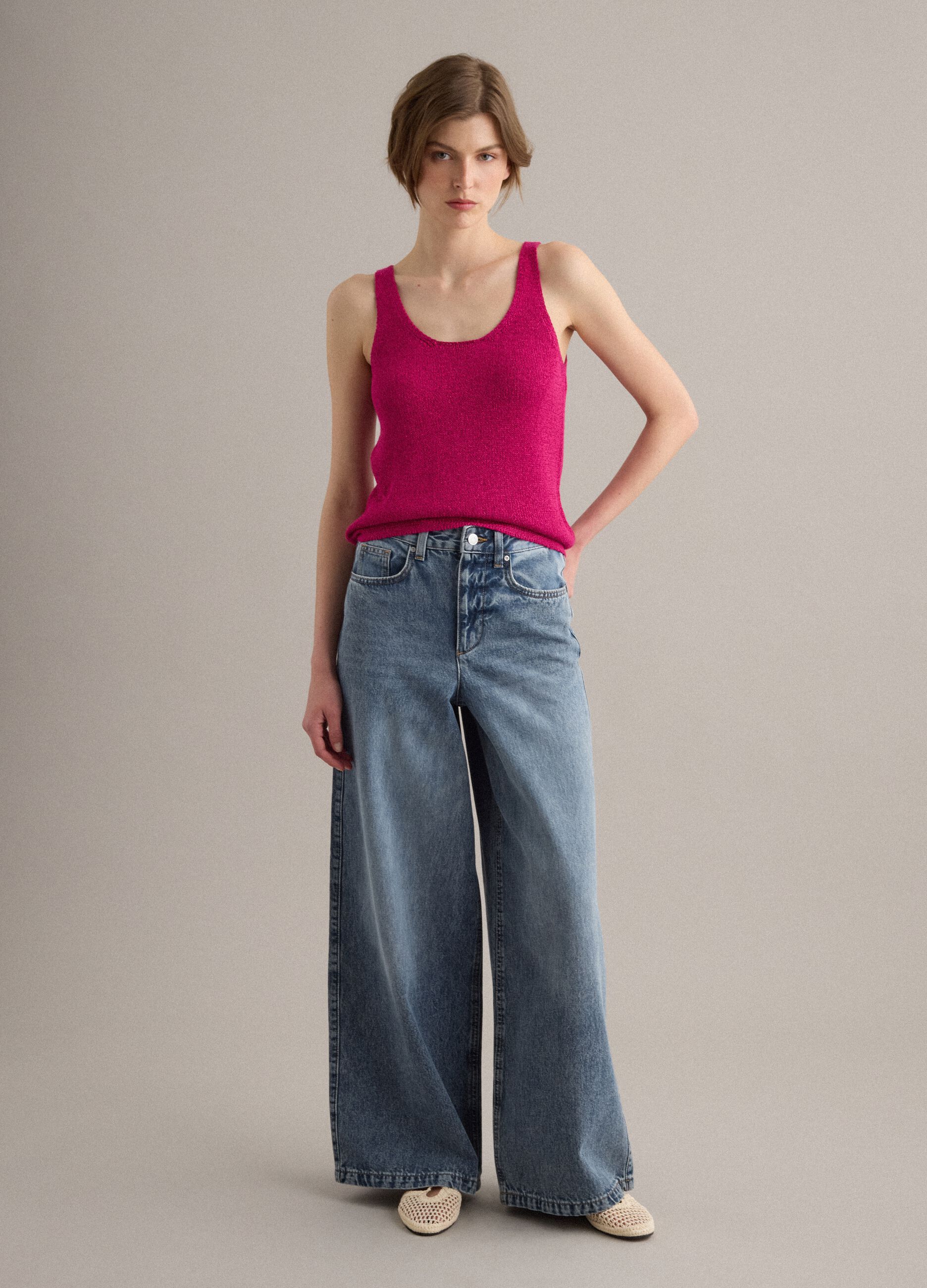 Pink viscose-blend regular-fit glitter tank top