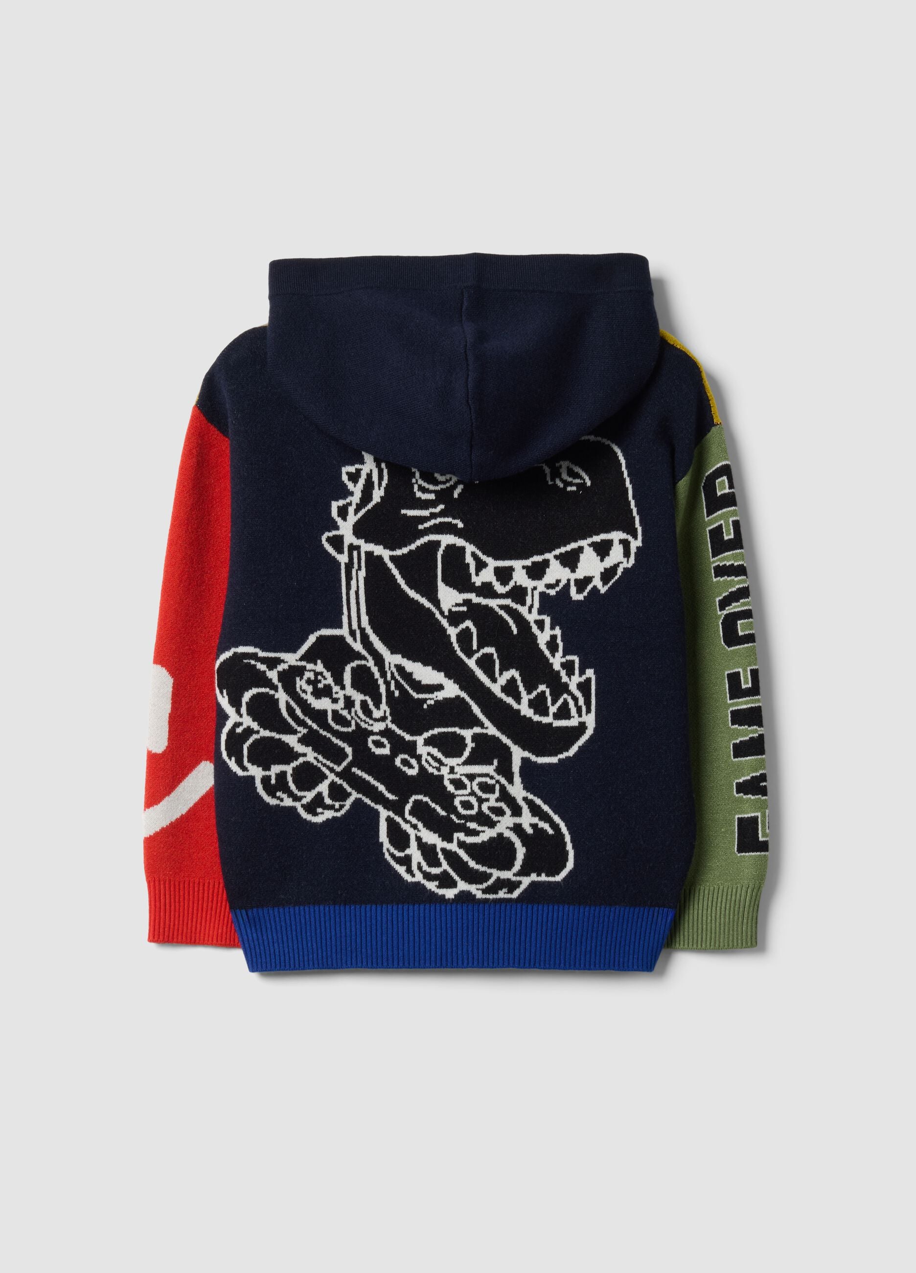 Mustard yellow, navy, red and sage green viscose-blend hooded crew-neck jumper