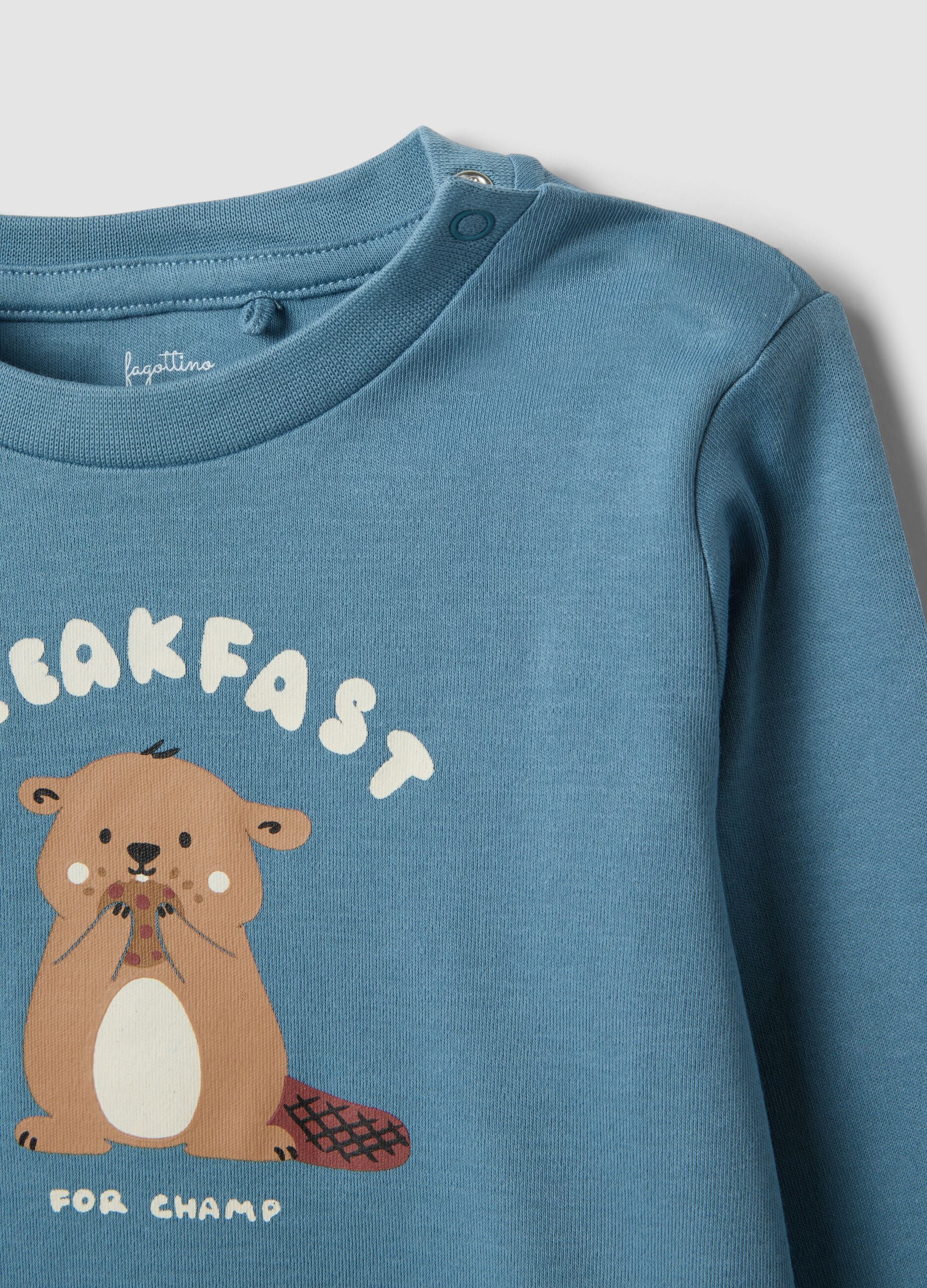 Blue organic cotton crew-neck pyjamas with cute animal print