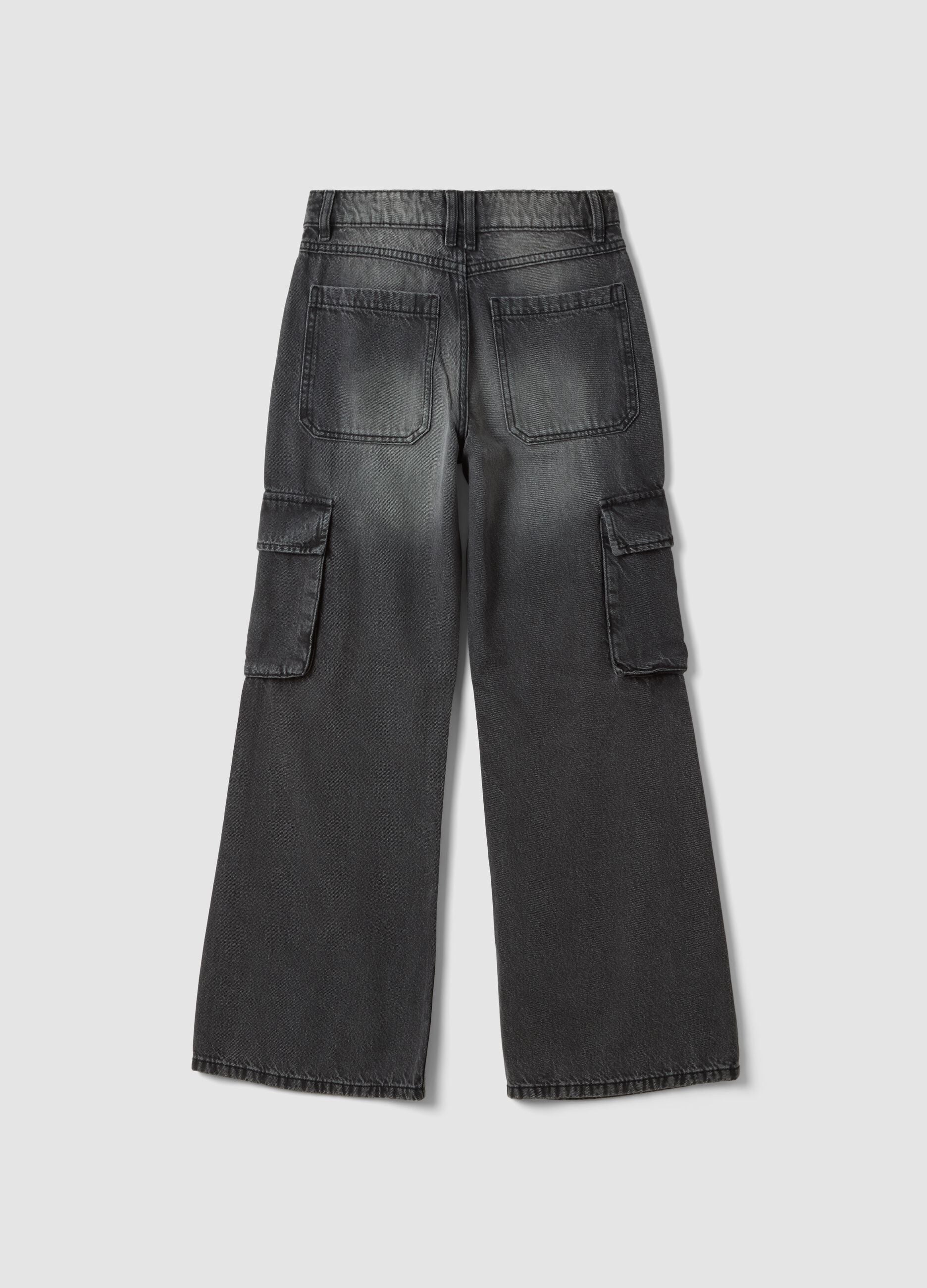 Jeans grigi cargo in puro cotone relaxed fit per ragazza