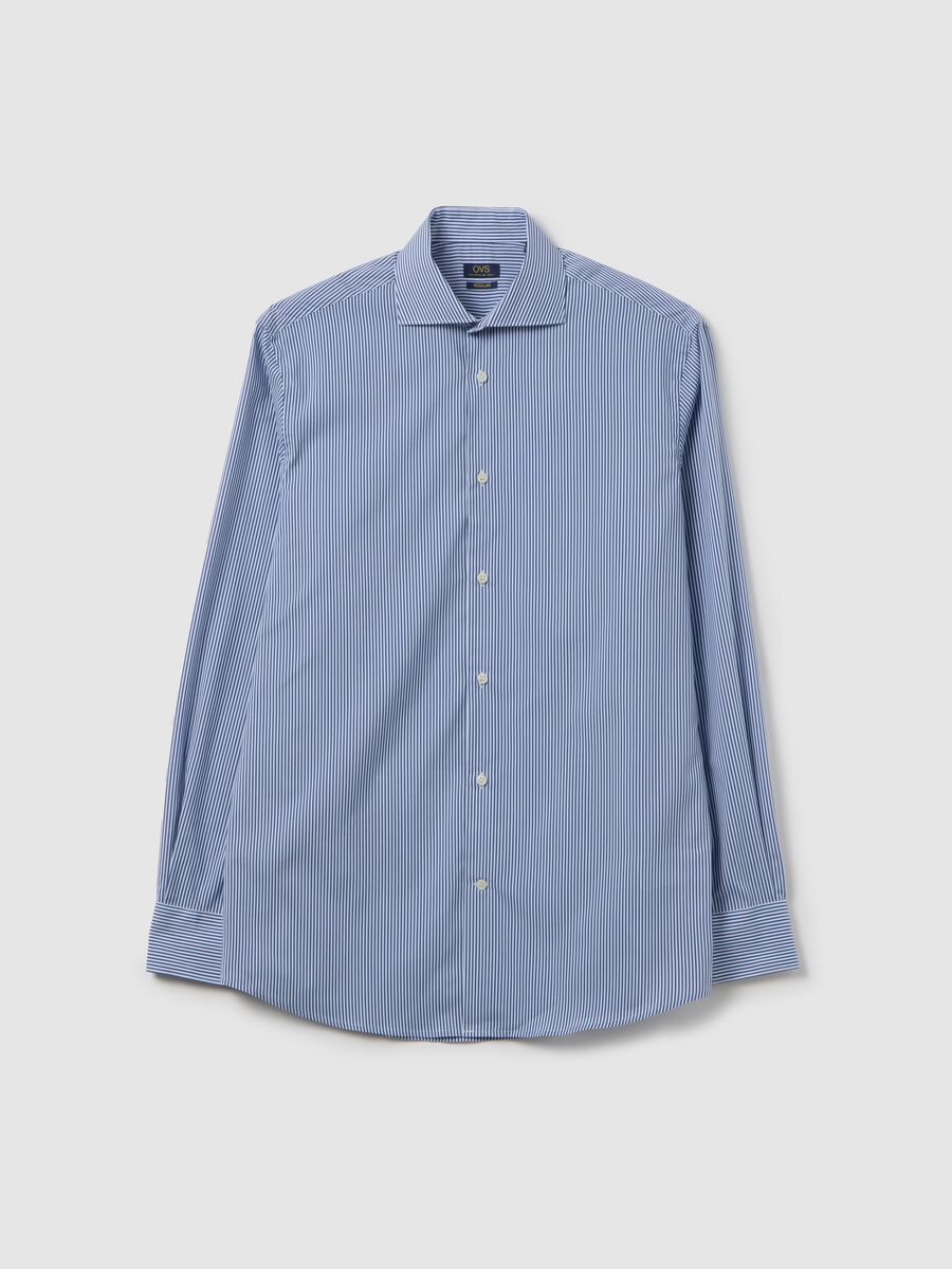Blue slim stripe shirt with French collar and buttons_4