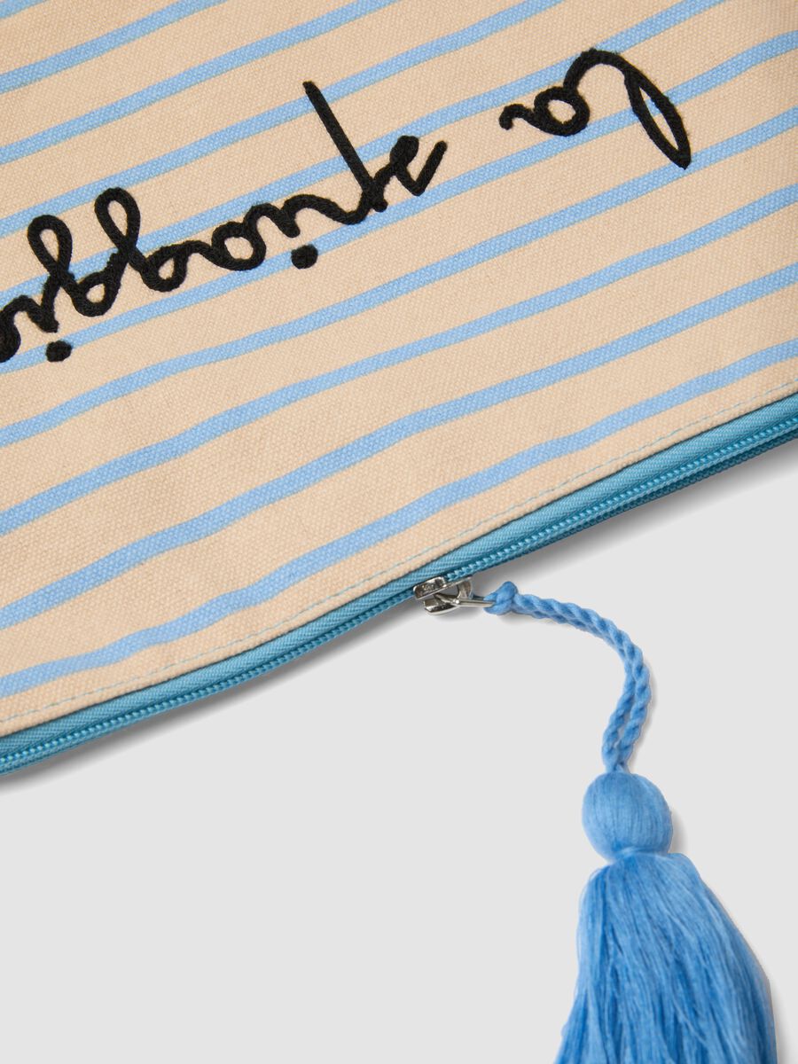 Beige pure cotton pouch with light blue stripes, tassel and zip_2