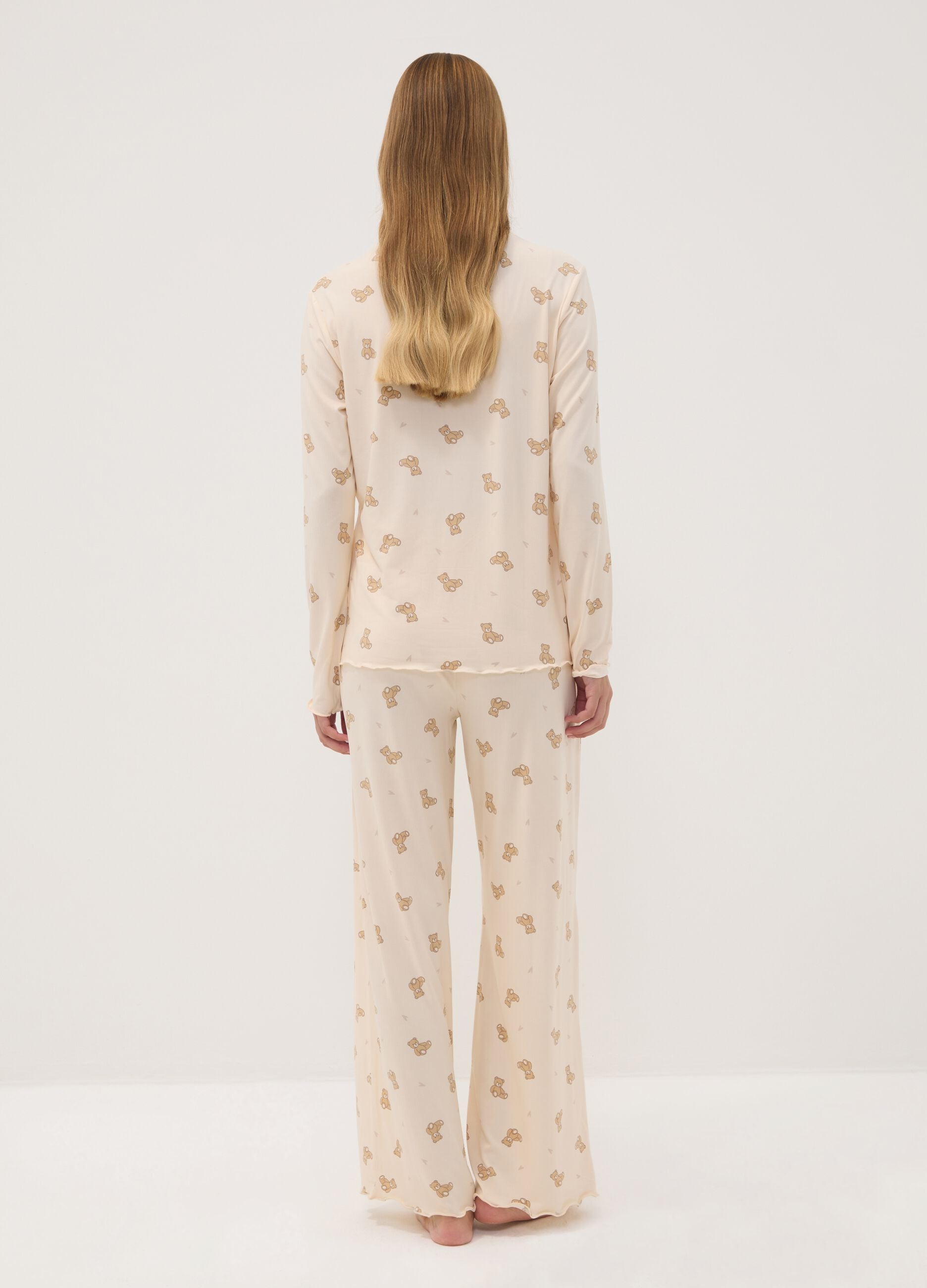 Cream-white stretch fabric crew-neck pyjamas
