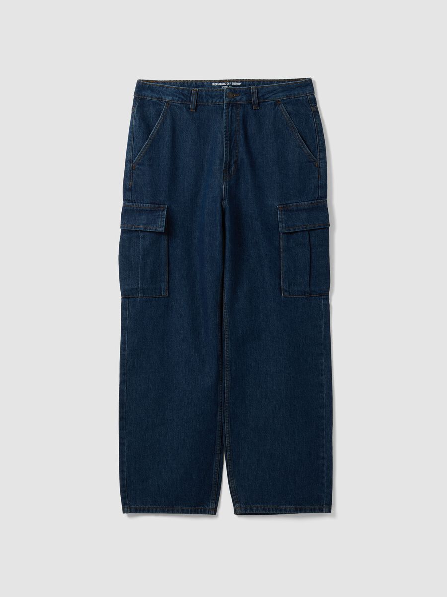 Dark blue pure cotton wide-leg cargo jeans_4