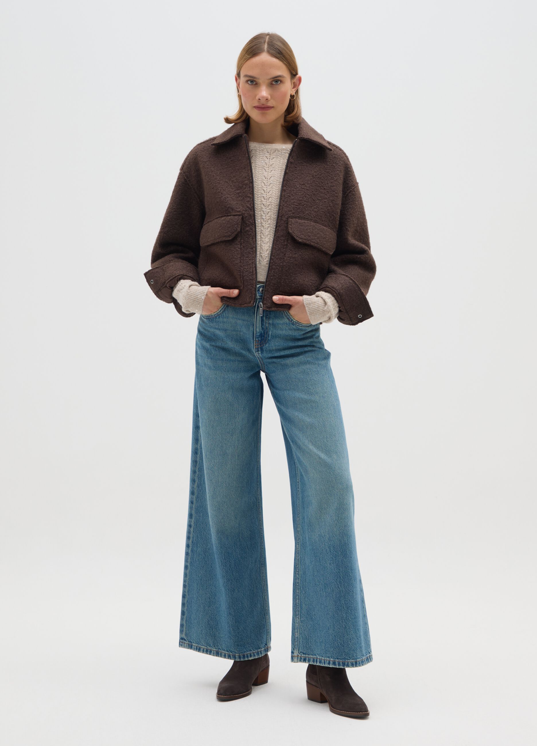 Brown regular fit jacket with zip