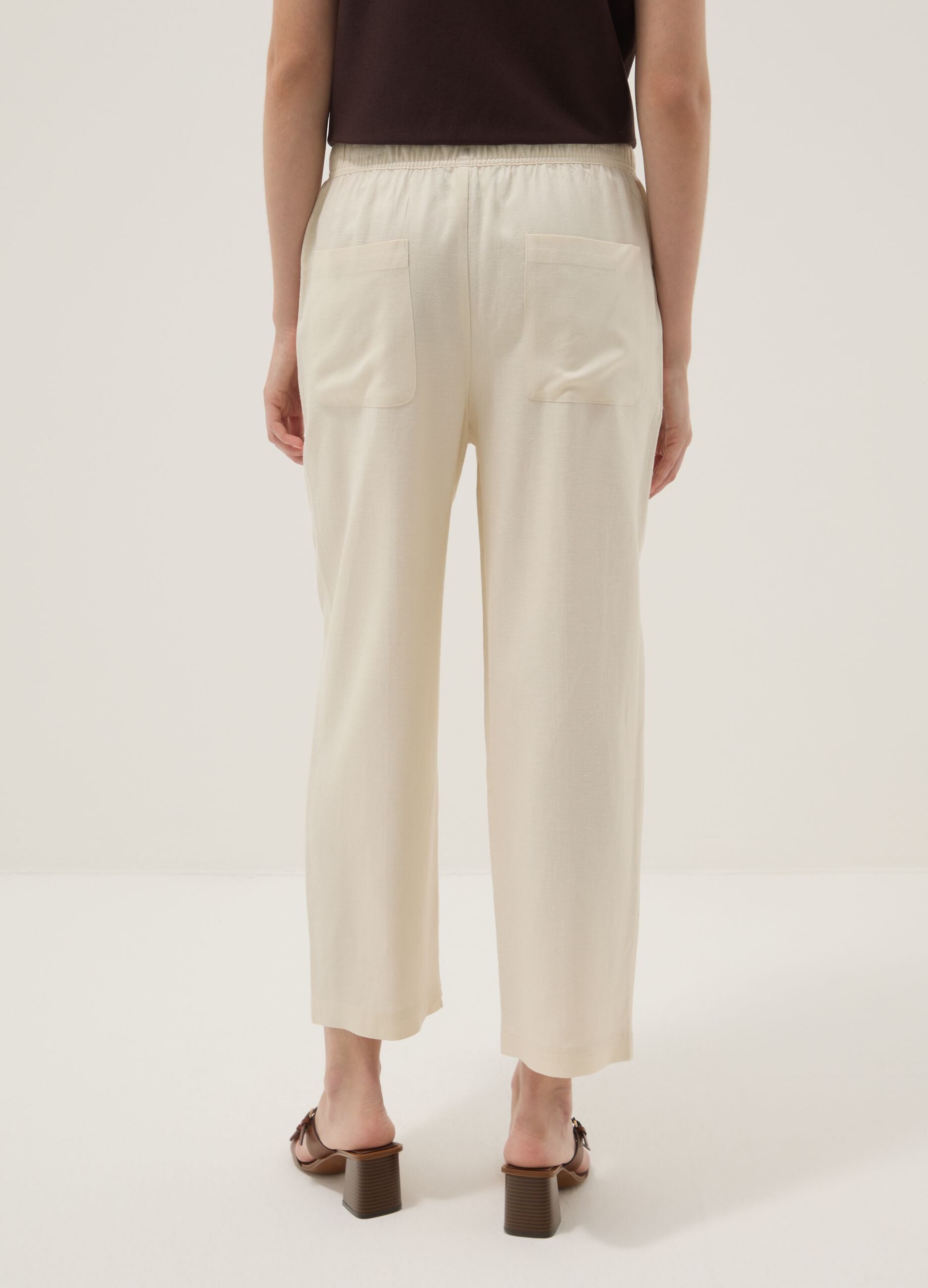 White viscose-linen blend trousers with drawstring, straight fit