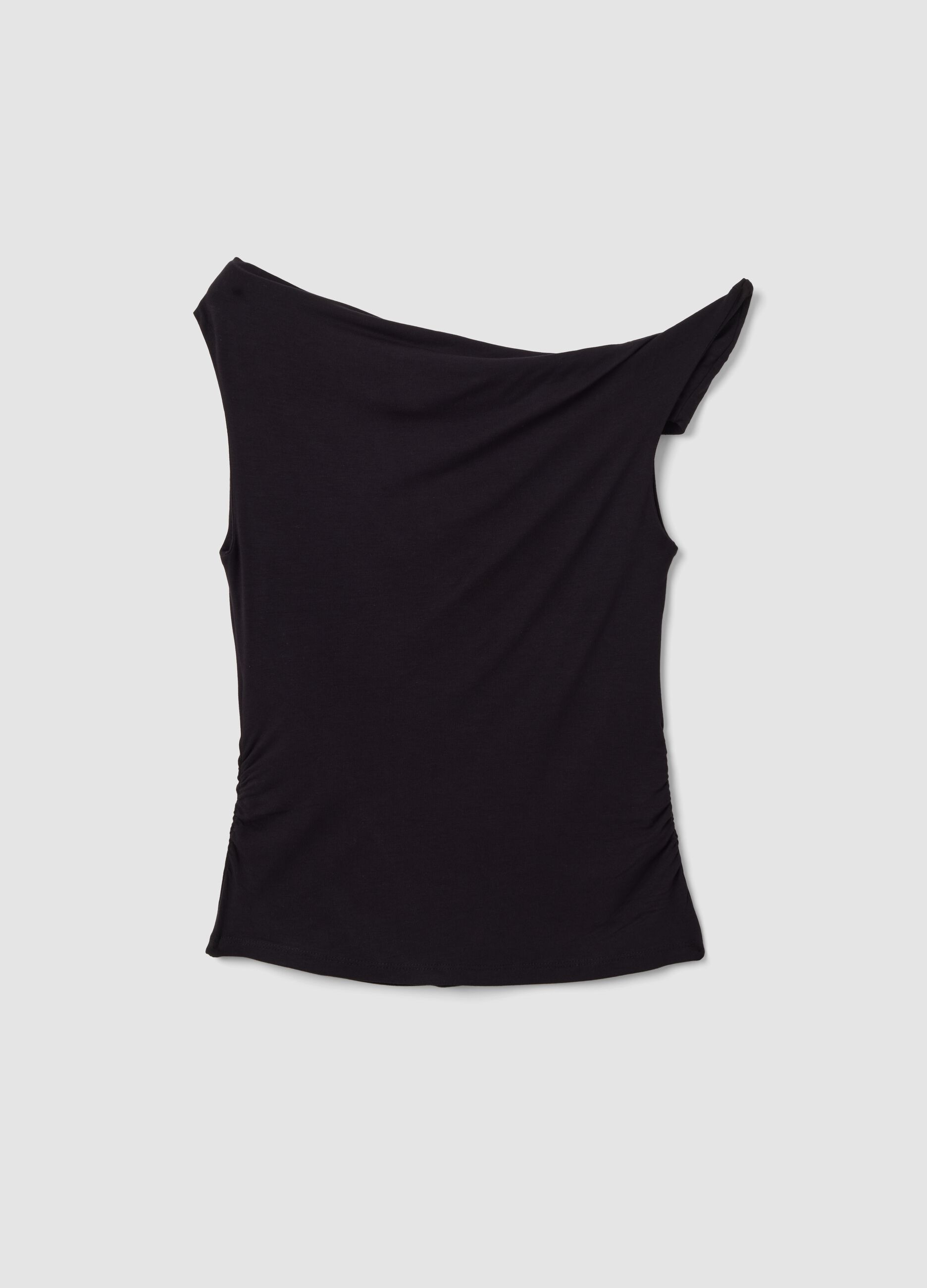 Black asymmetric one-shoulder slim-fit stretch viscose top