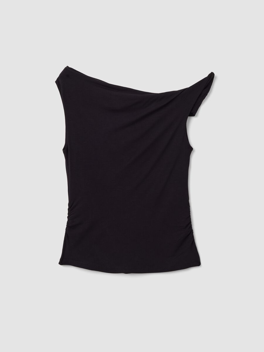 Black asymmetric one-shoulder slim-fit stretch viscose top_5