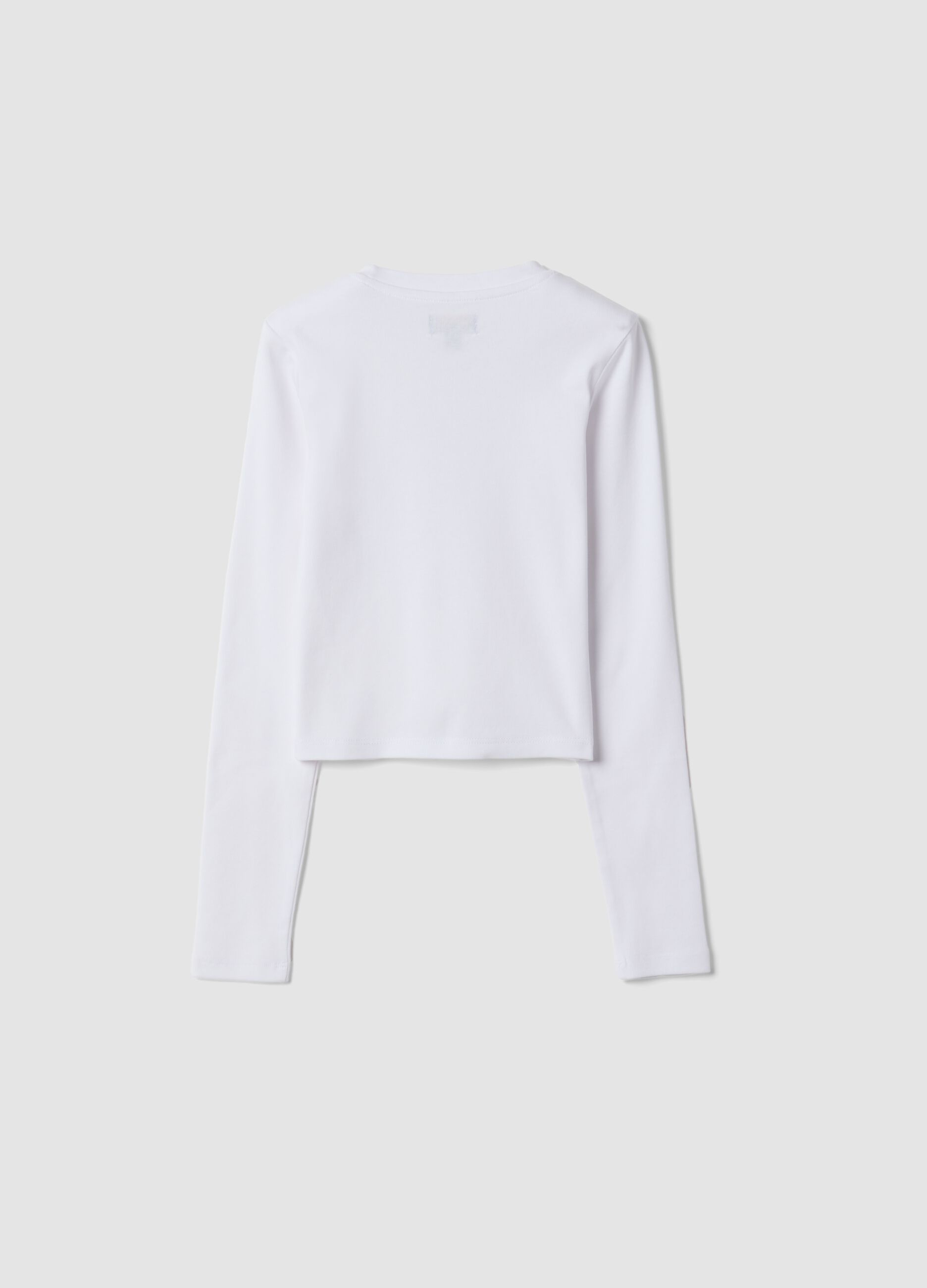 T-shirt bianca in cotone organico elasticizzato con collo a costine