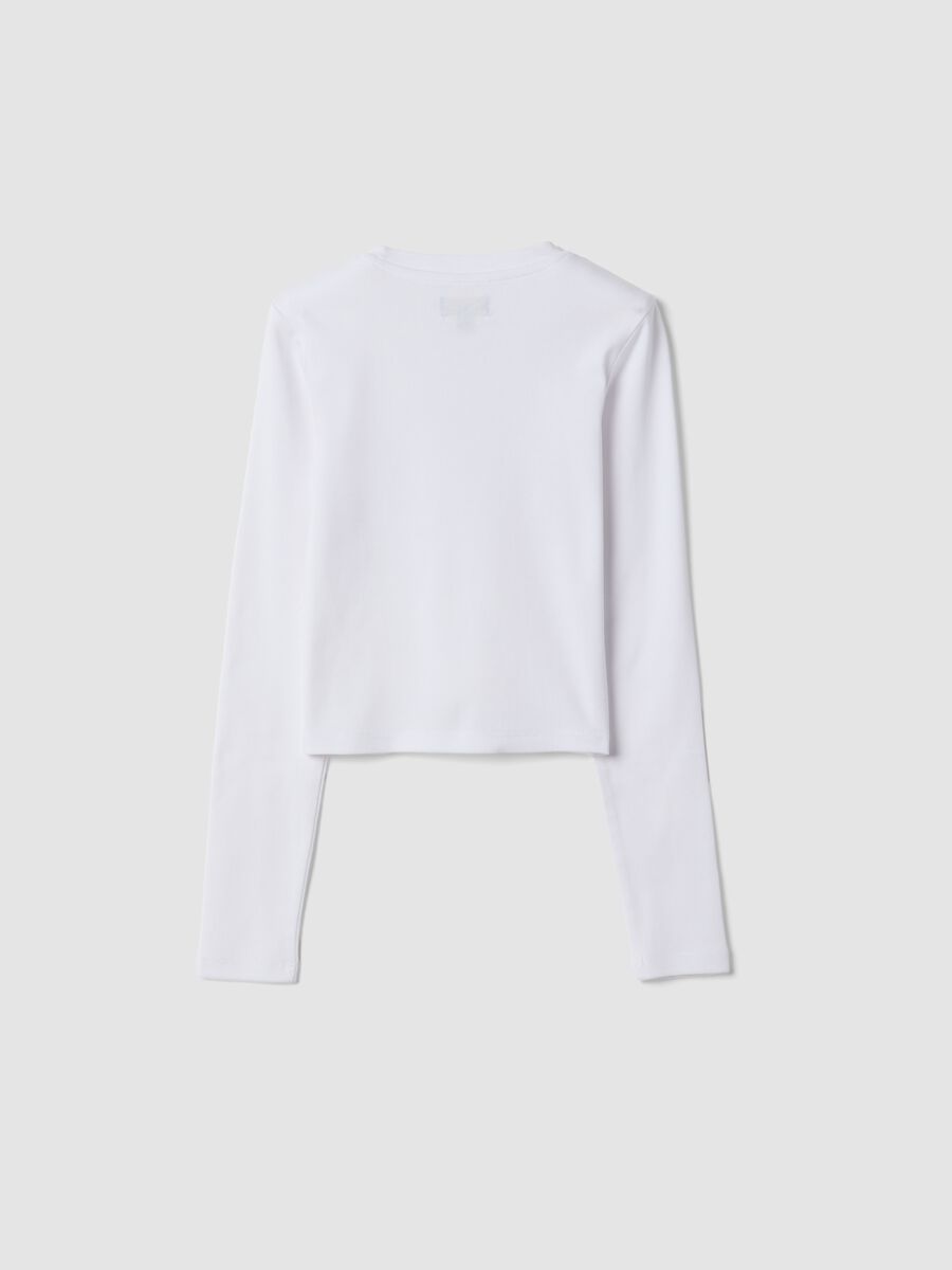 T-shirt bianca in cotone organico elasticizzato con collo a costine_5