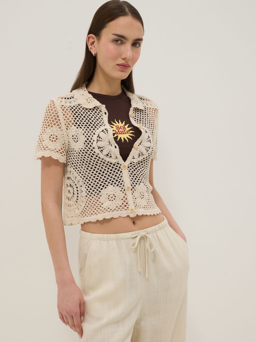 Beiges Regular-Fit-Hemd aus Baumwollmischung mit Strickstruktur_0