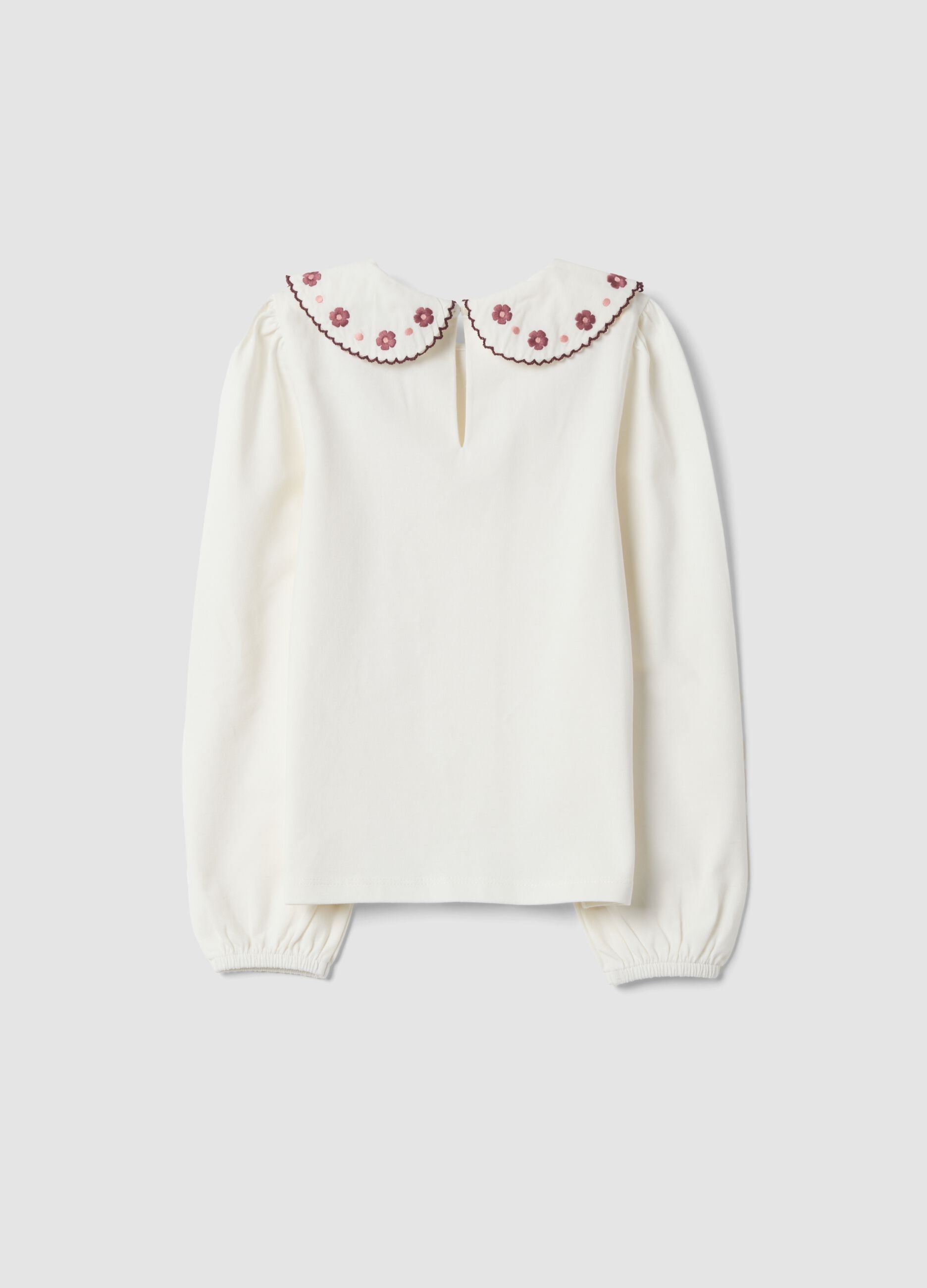T-shirt bianca girocollo in cotone elasticizzato con colletto ricamato