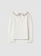 T-shirt bianca girocollo in cotone elasticizzato con colletto ricamato_1