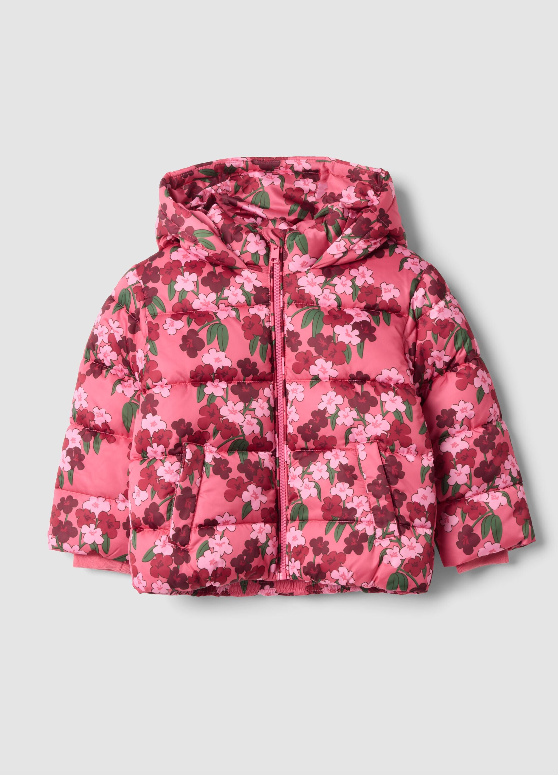 Mehrfarbige, gepolsterte M&auml;dchenjacke mit Blumenmuster und abnehmbarer Kapuze