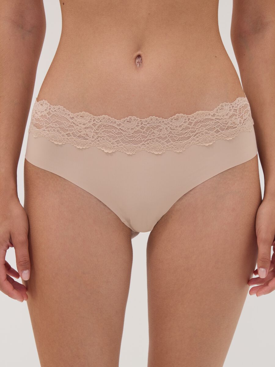 Beige stretch microfibre briefs with lace_1