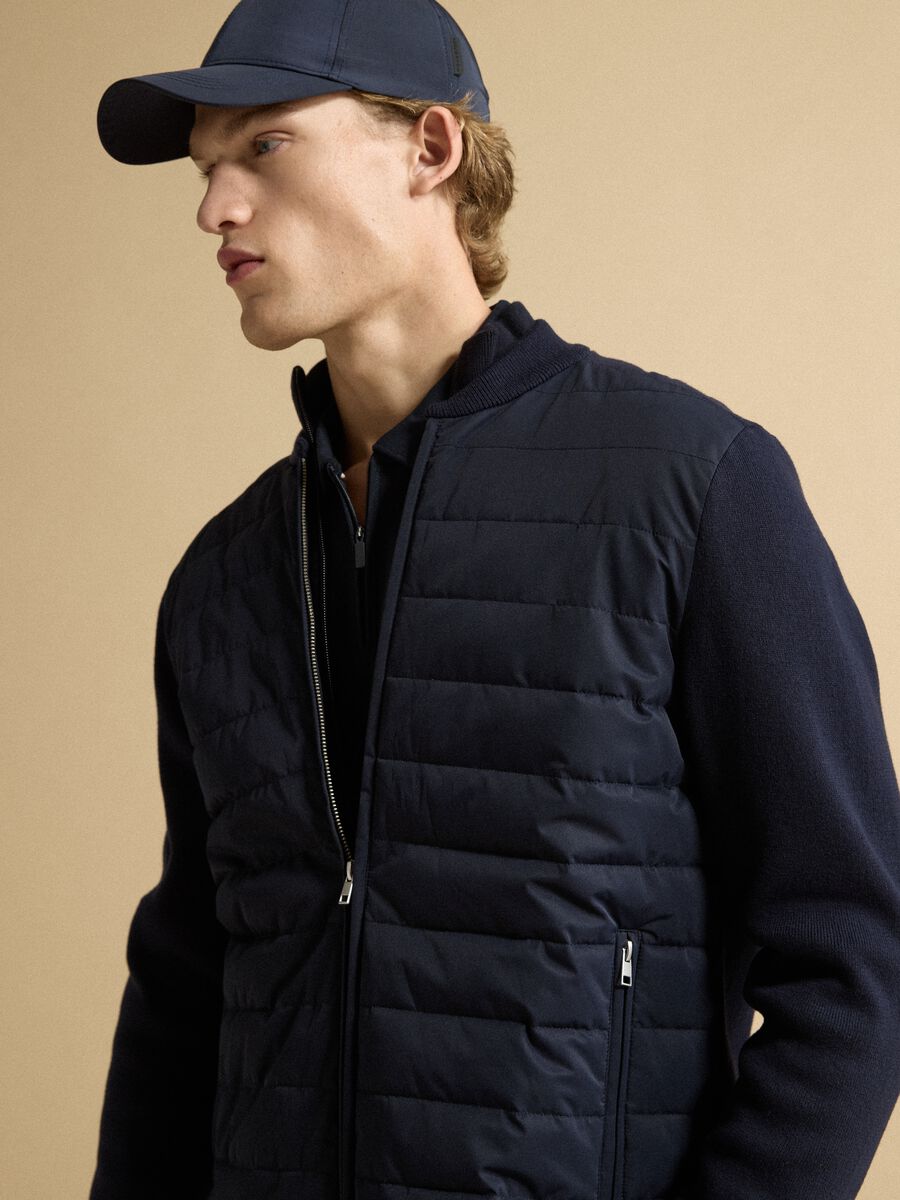 Blue pure cotton zip jacket with knitted sleeves, regular fit_0