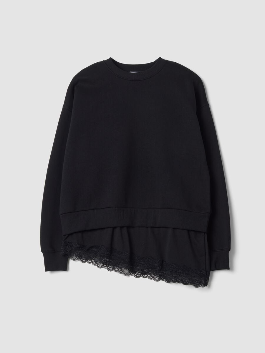 Black cotton-blend crew-neck sweatshirt with lace detail_0