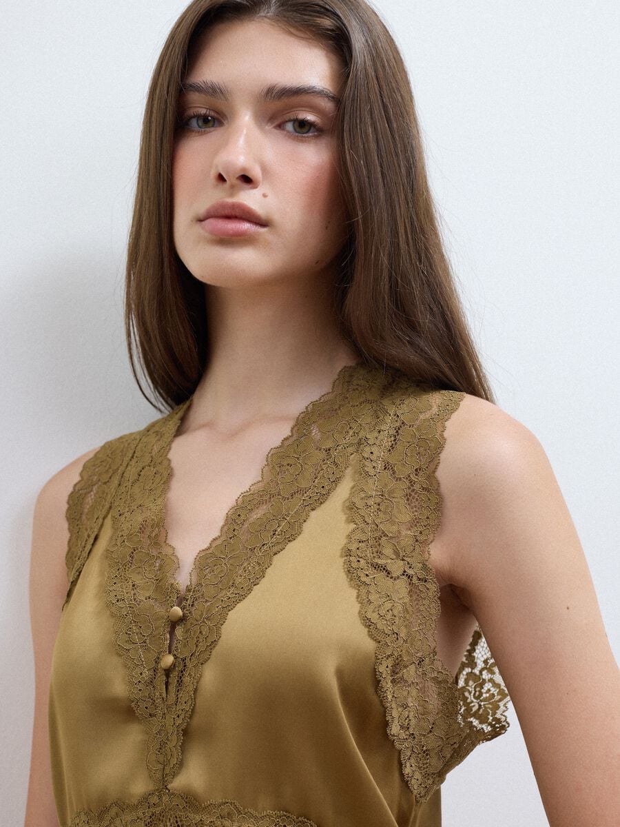 Brown viscose-blend lace top_0