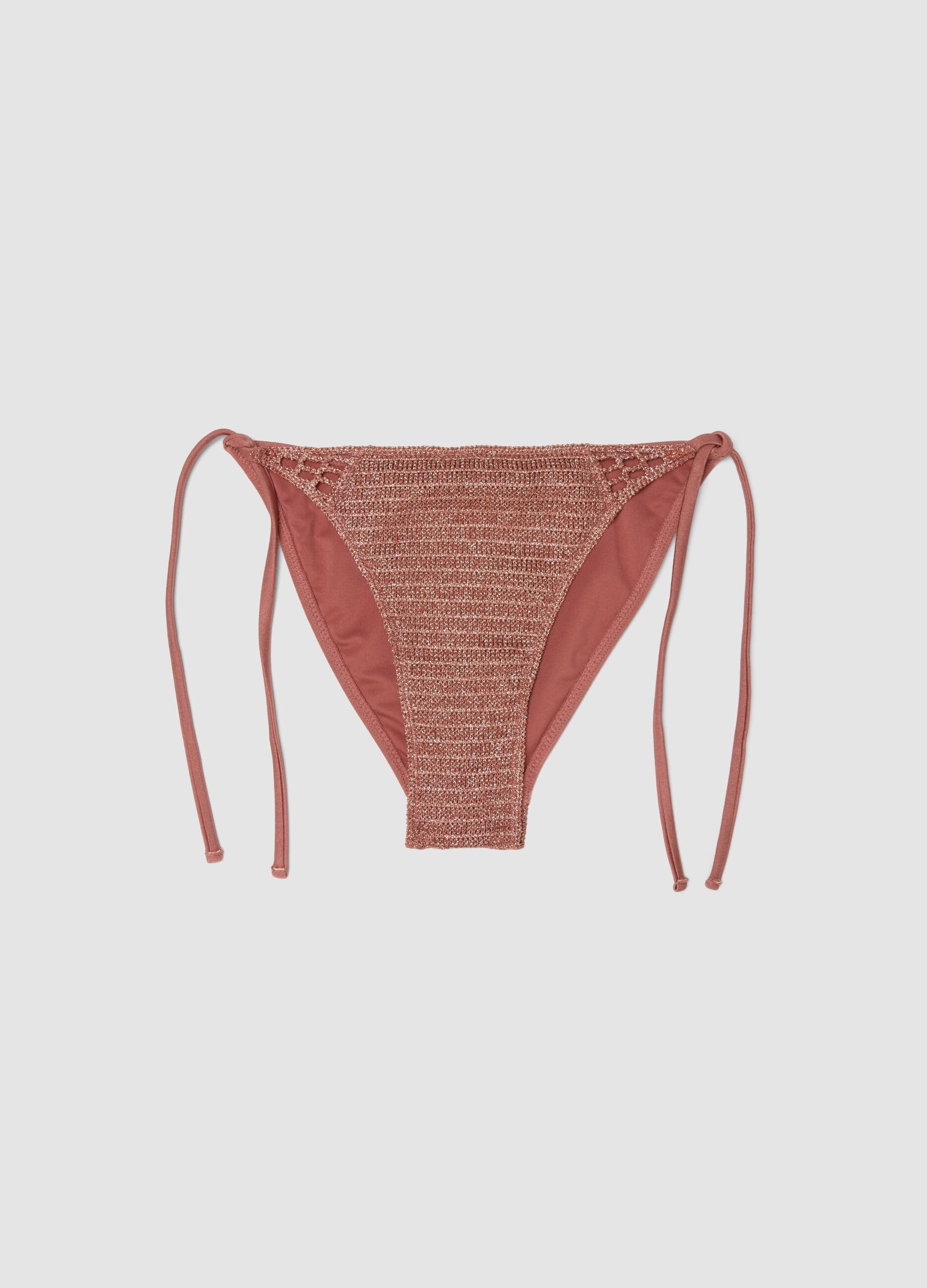 Pink bikini bottoms with metallic crochet side ties