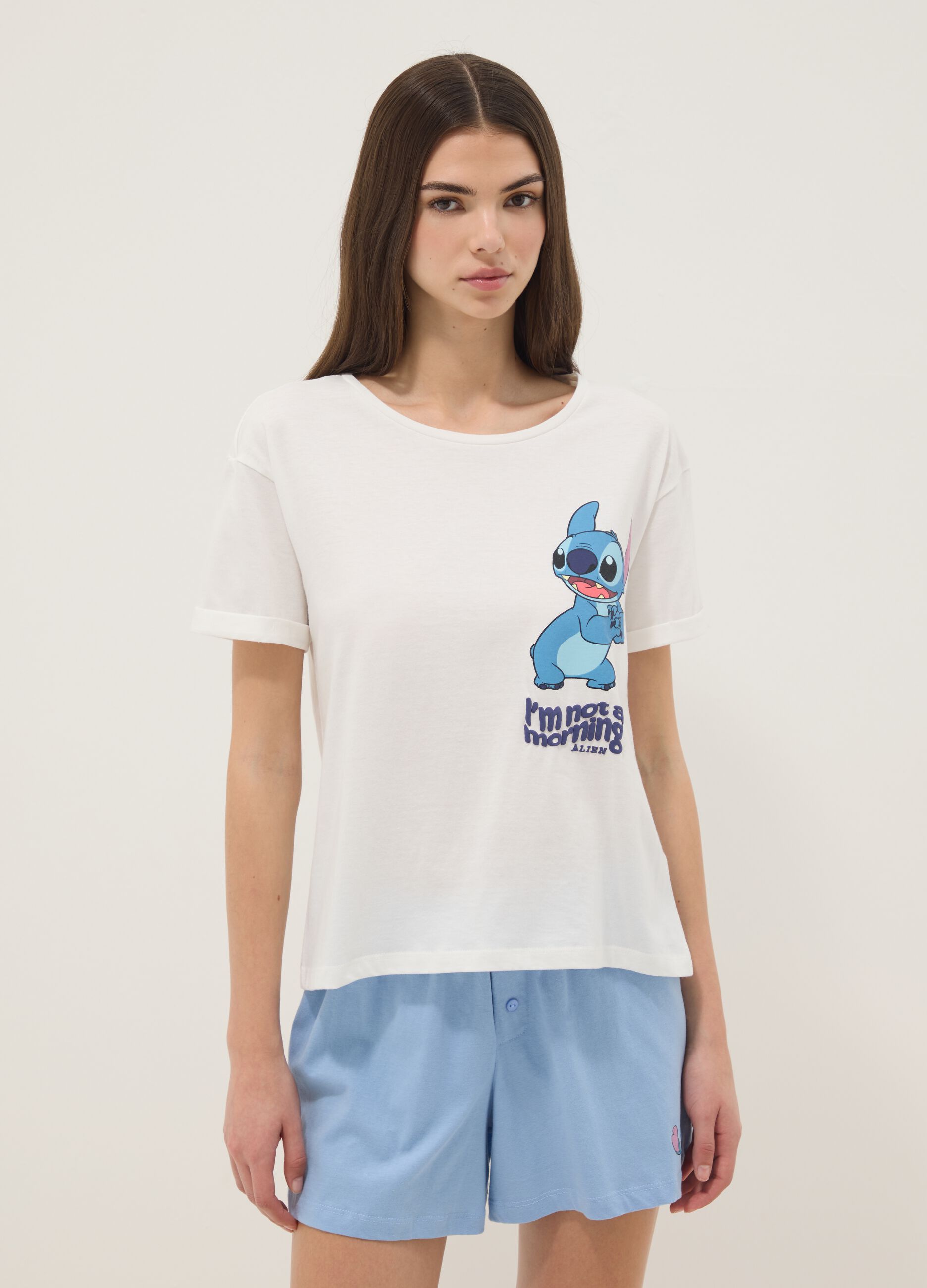 White and light blue short pure cotton pyjamas with Stitch print
