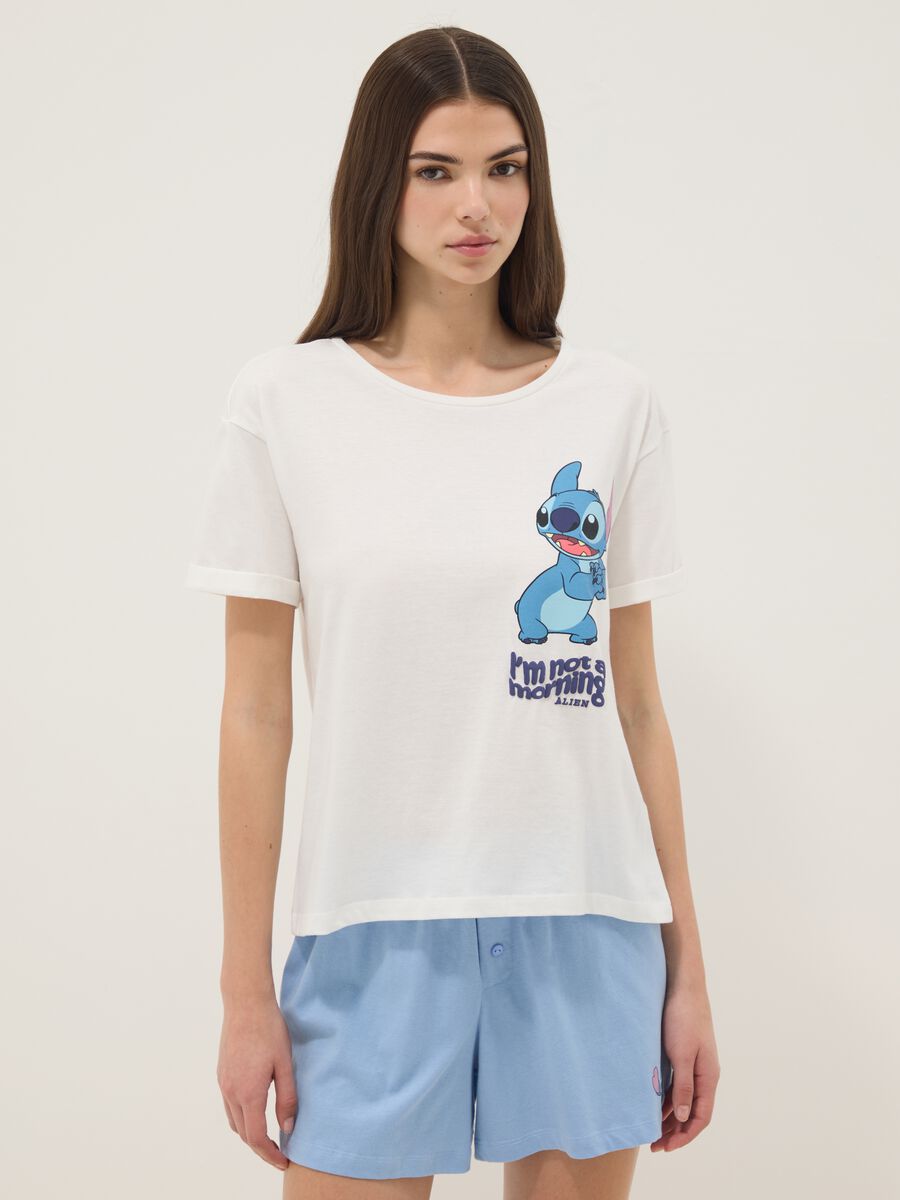 Pyjama court blanc et bleu clair en pur coton avec imprim&eacute; Stitch_3