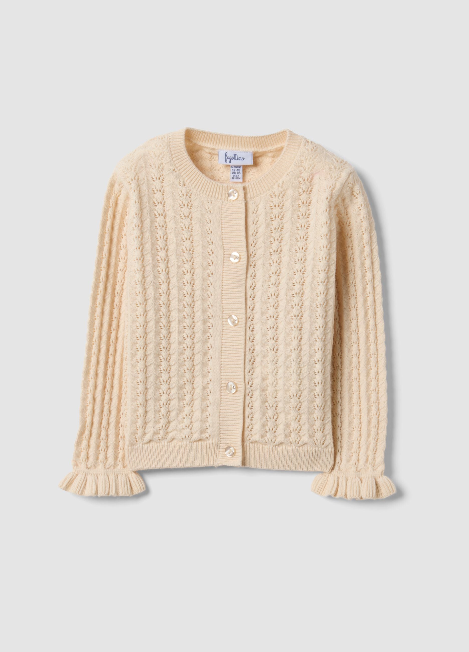 Beige pure cotton openwork knit cardigan for baby girl