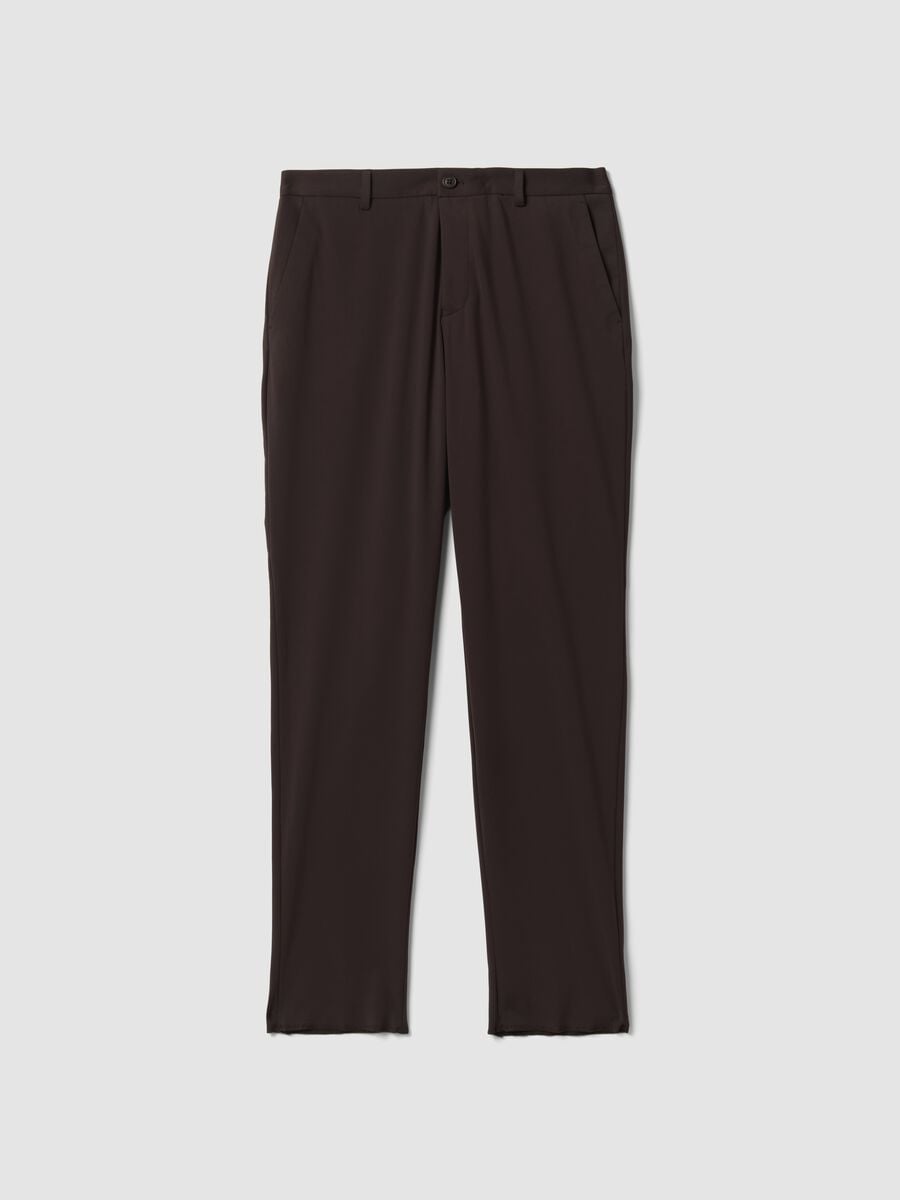 Brown slim-fit formal trousers in 4-way stretch fabric_0