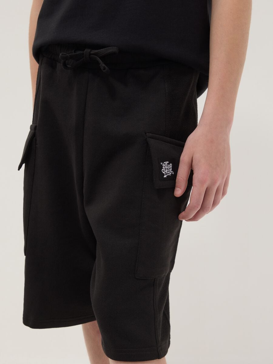 Black pure cotton cargo Bermuda shorts for boys, oversized fit_2