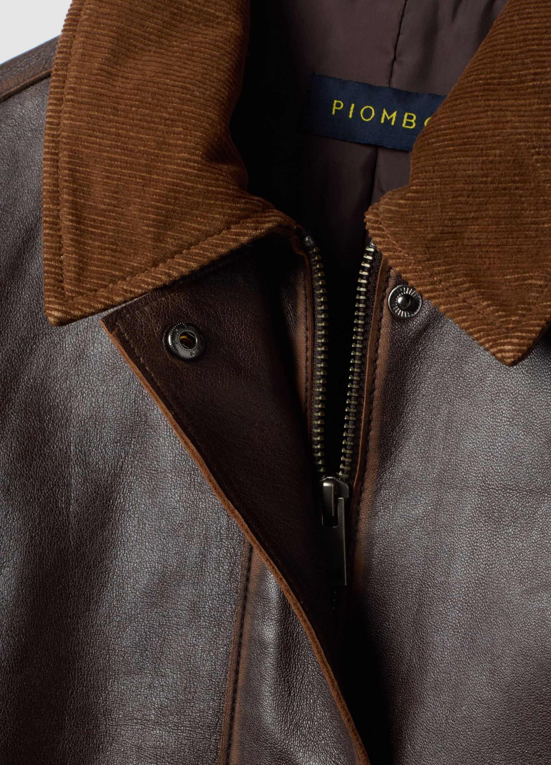 Braune Jacke aus Echtleder mit Cordkragen, Regular Fit
