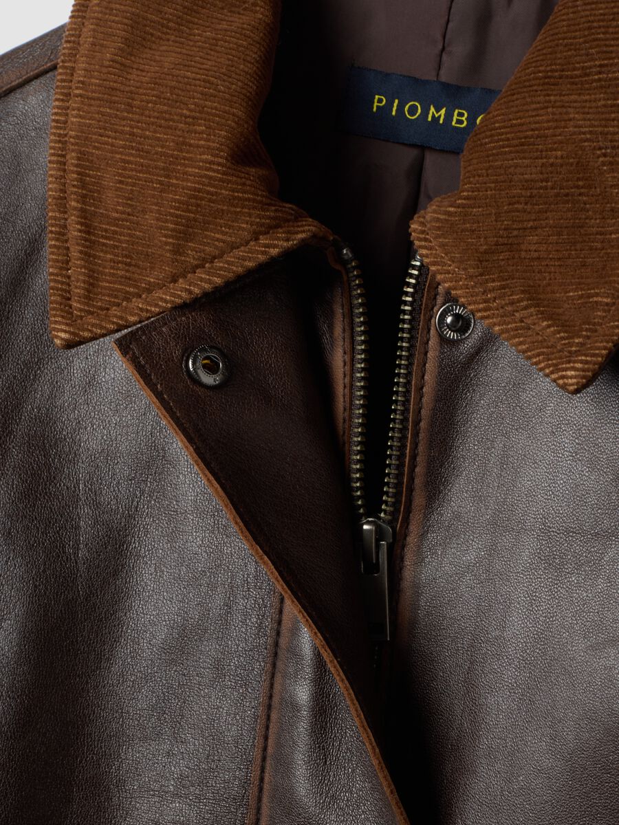 Brown genuine leather jacket with corduroy collar, regular fit_1