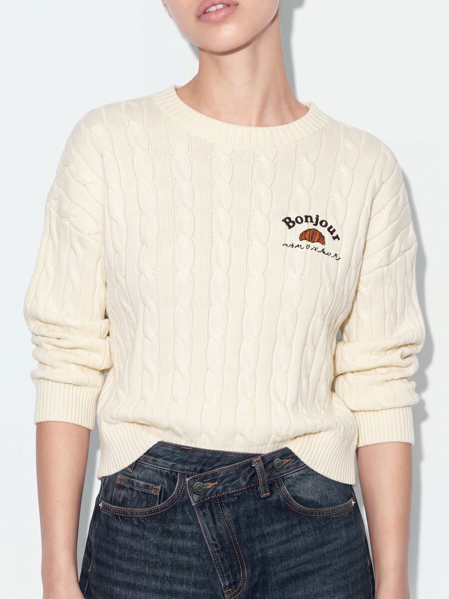 White pure-cotton cable-knit jumper with croissant embroidery_2