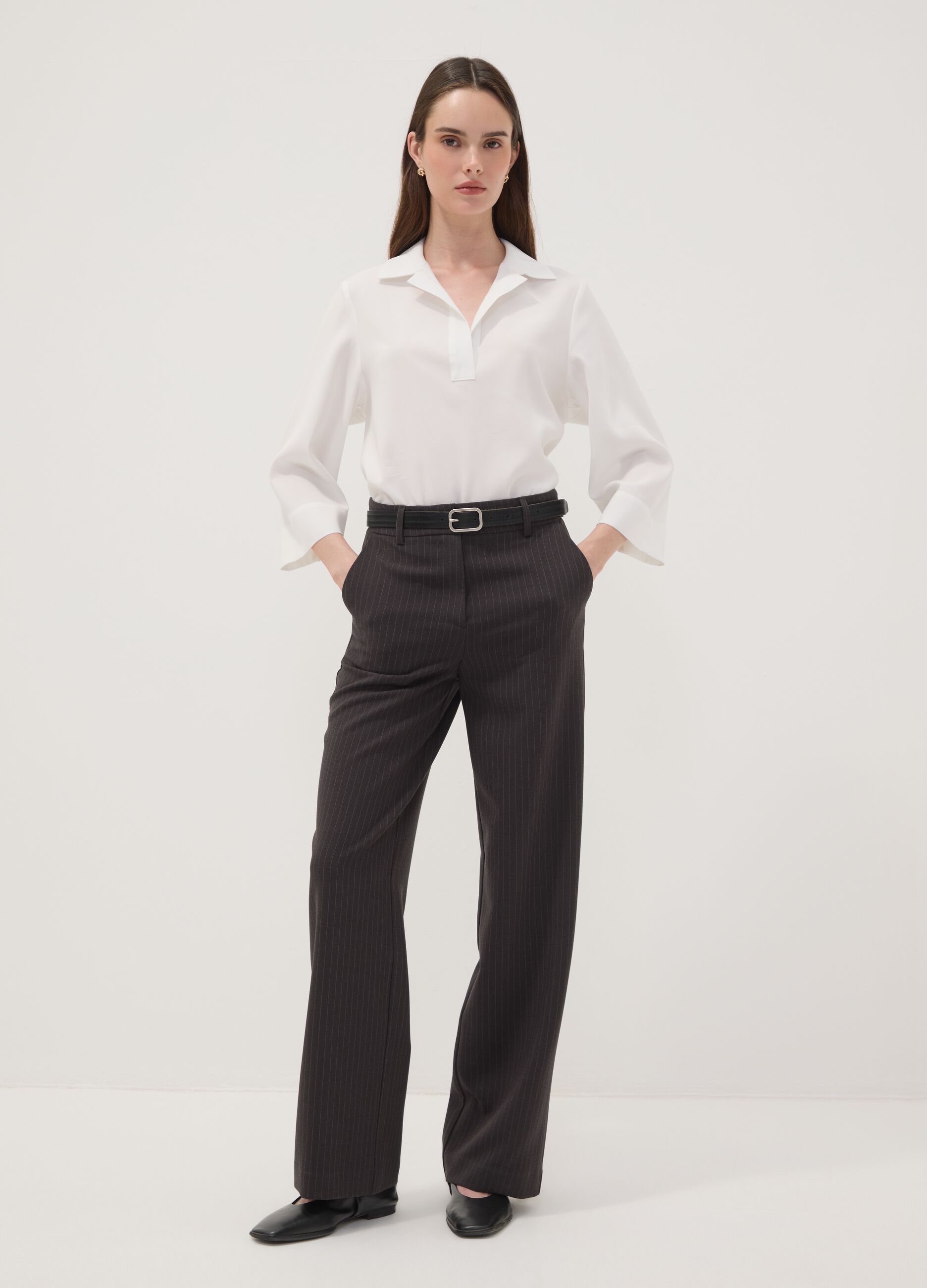 Grey pinstripe stretch viscose straight-leg trousers