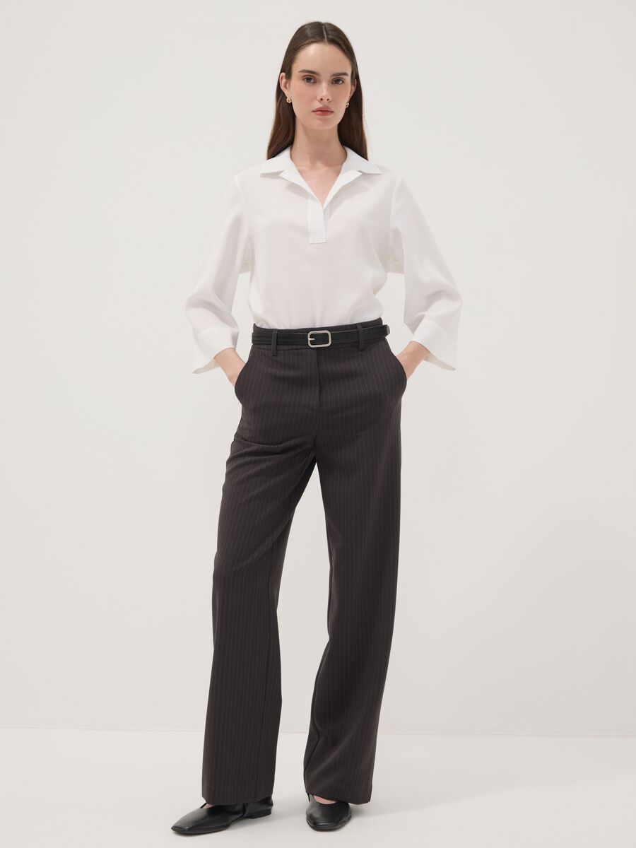 Grey pinstripe stretch viscose straight-leg trousers_0