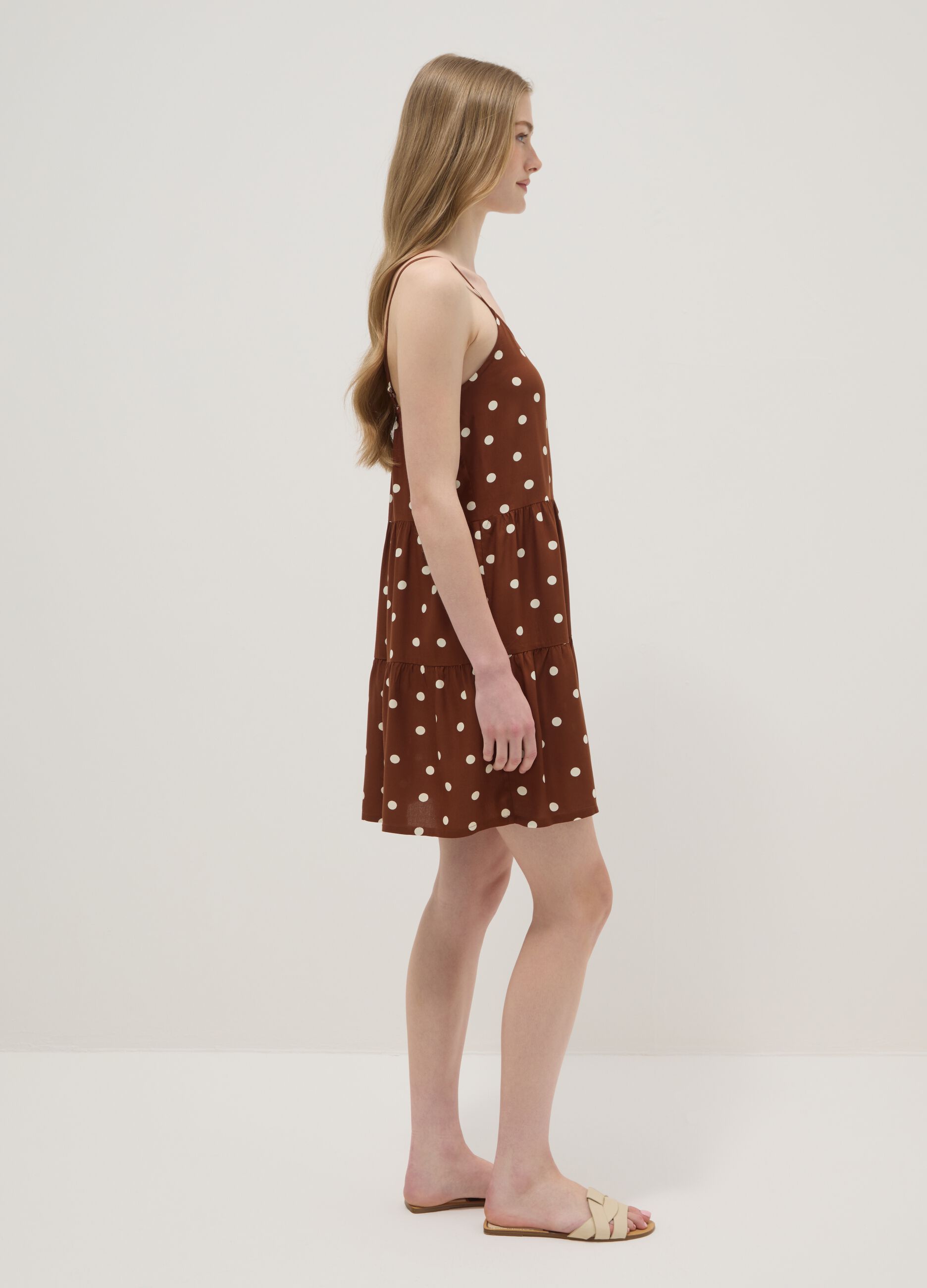 Brown polka-dot dress in pure viscose