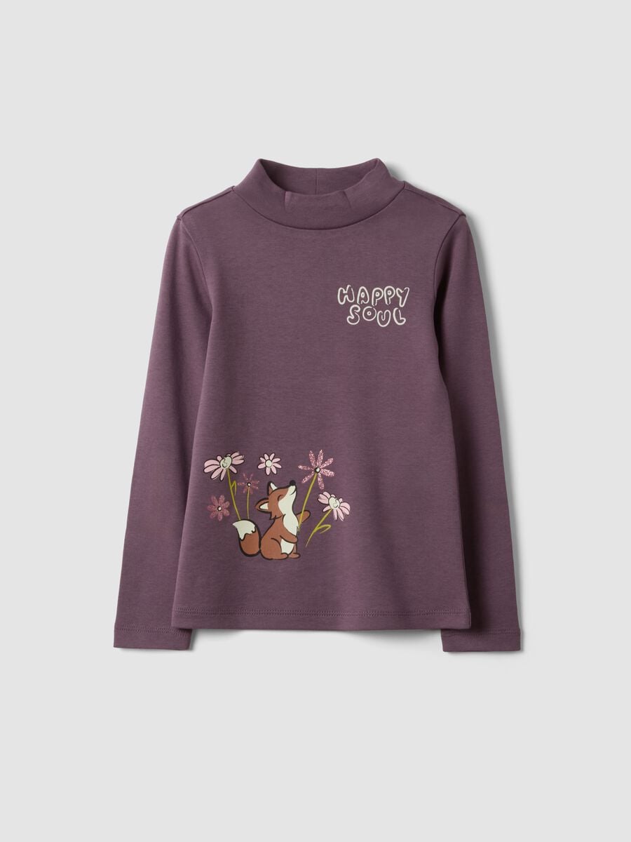 Purple organic cotton T-shirt with stand collar and animal print_0
