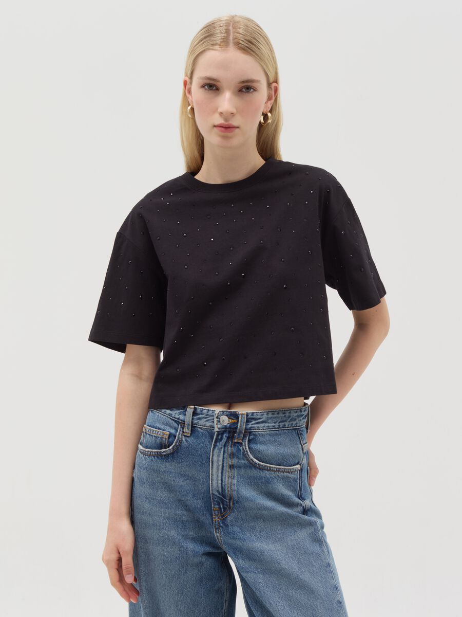 Cotton T-shirt with diamanté motifs_0