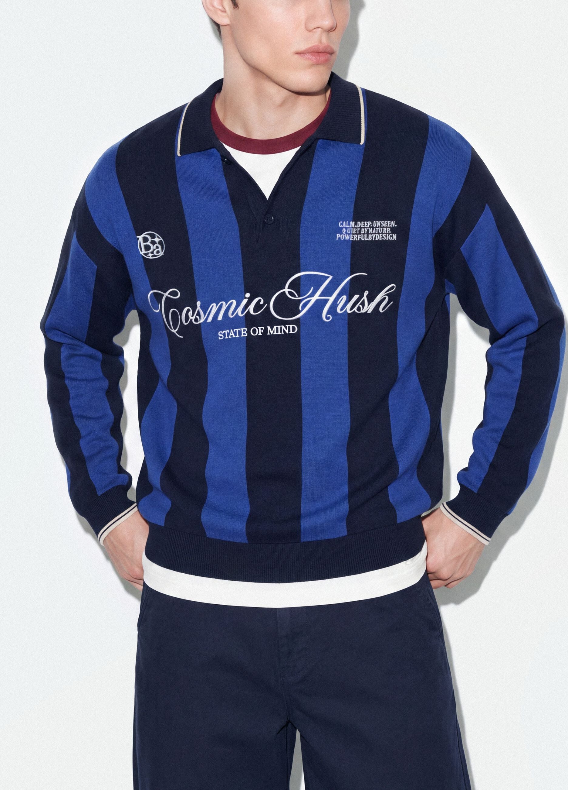 Blue and black pure cotton polo-collar top with oversized fit