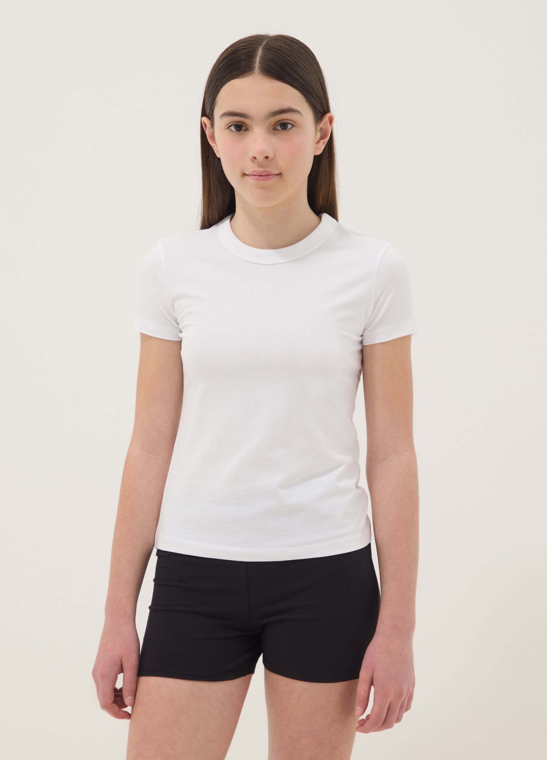 T-shirt branca de algod&atilde;o el&aacute;stico para rapariga, corte regular