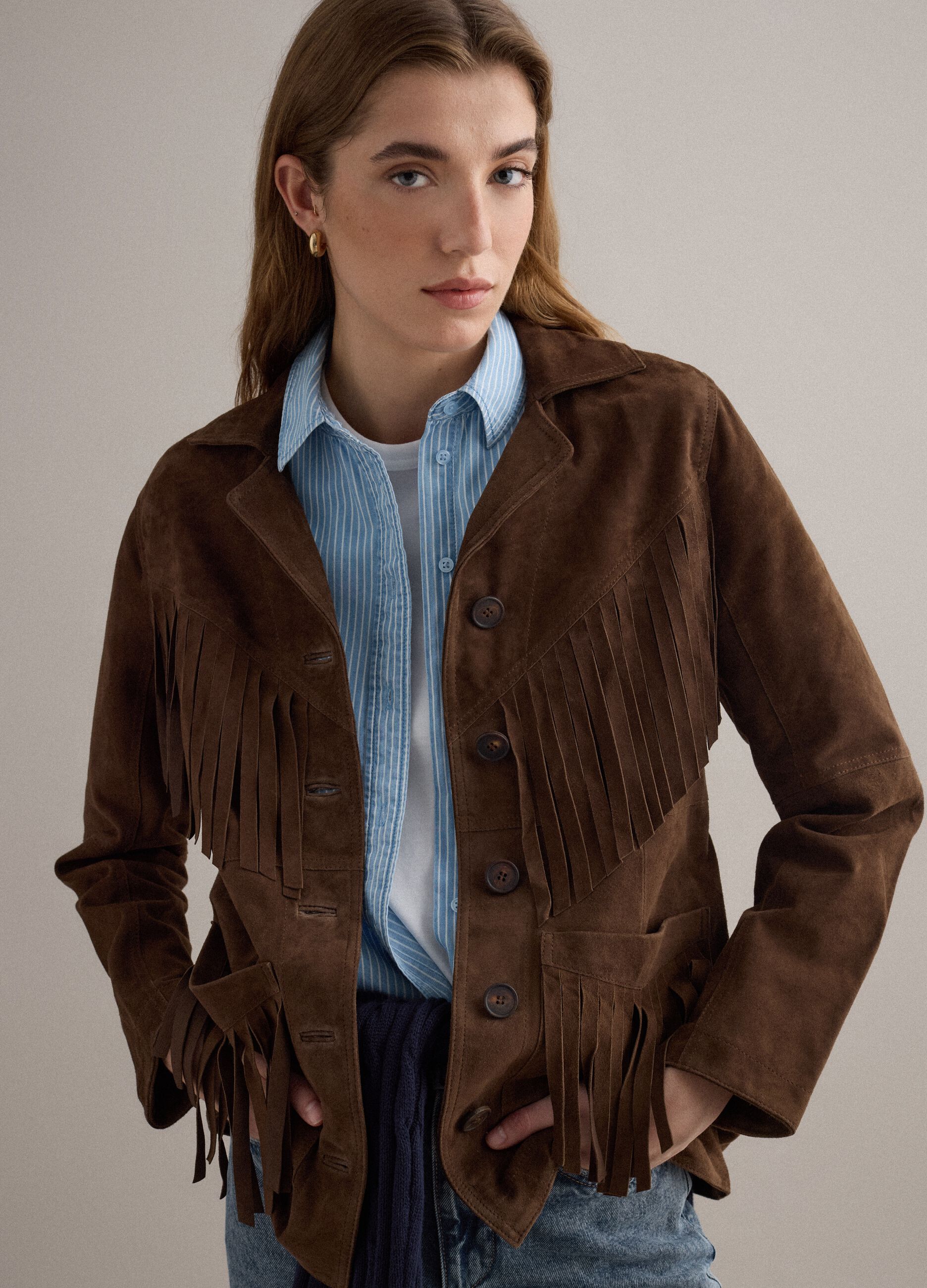 Braune Echtlederjacke mit Fransen