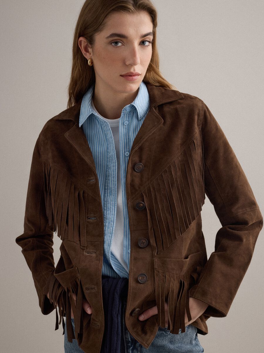 Brown genuine leather jacket with fringes_2